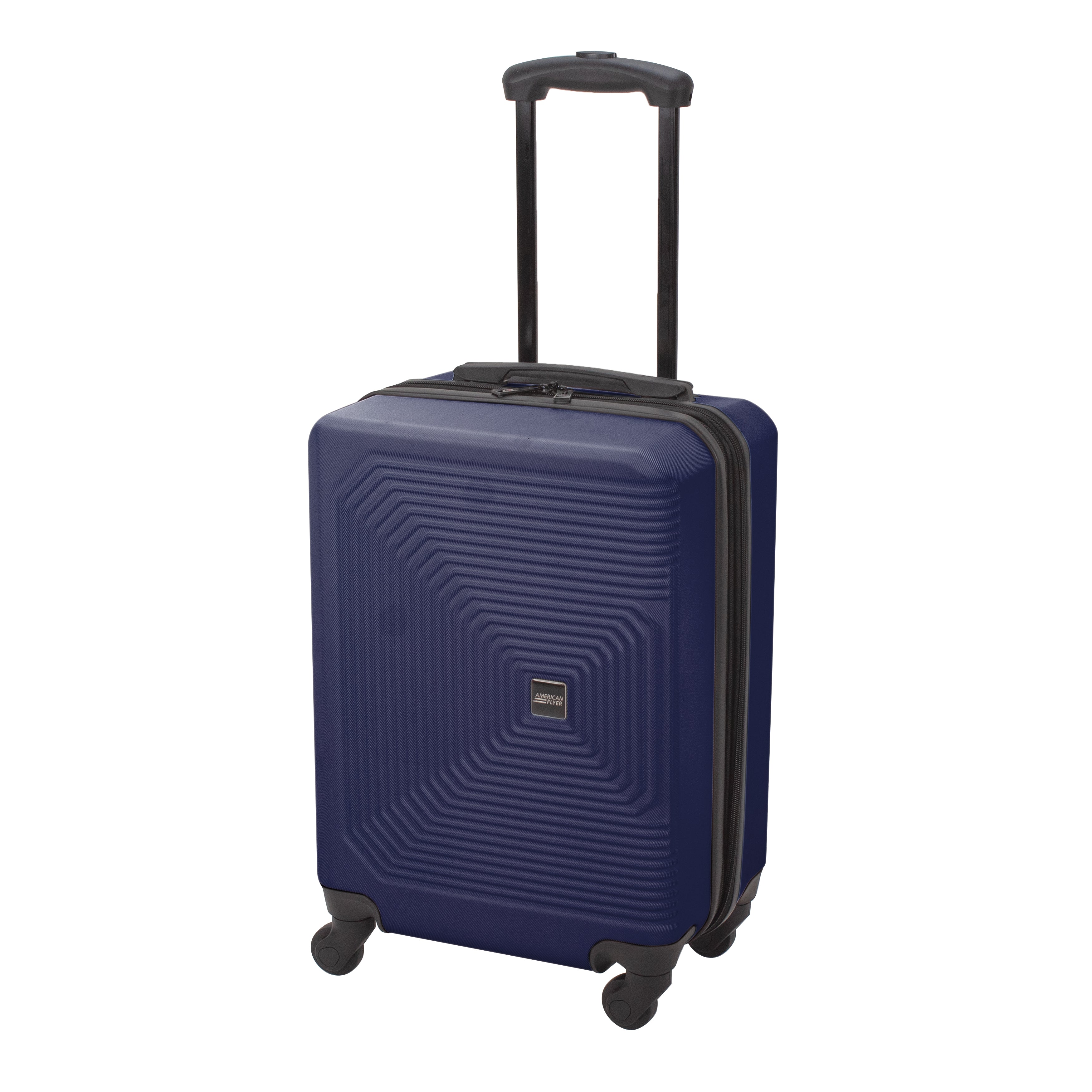 Blue suitcase with a textured pattern on a white background