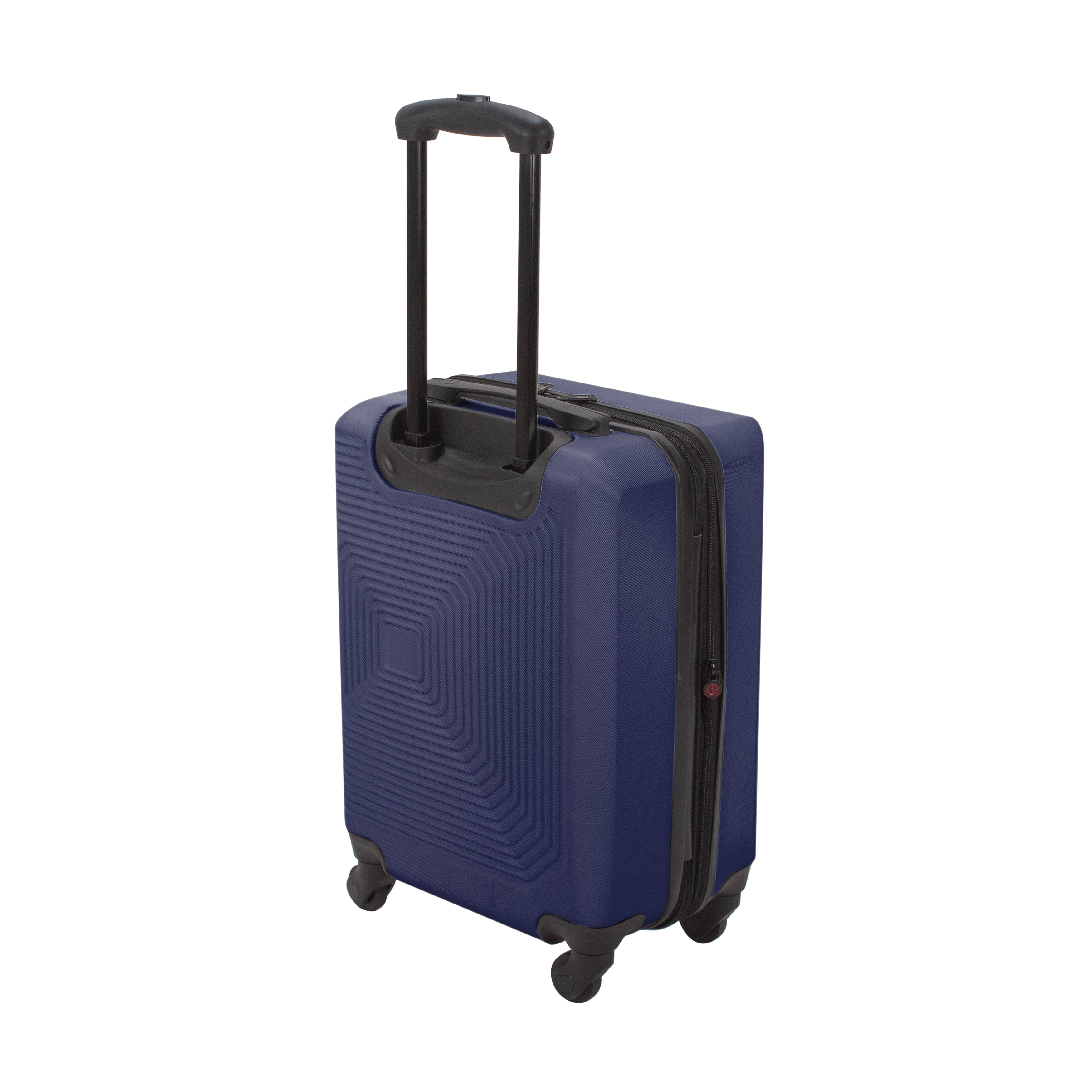 Blue suitcase with black handle and wheels on a white background