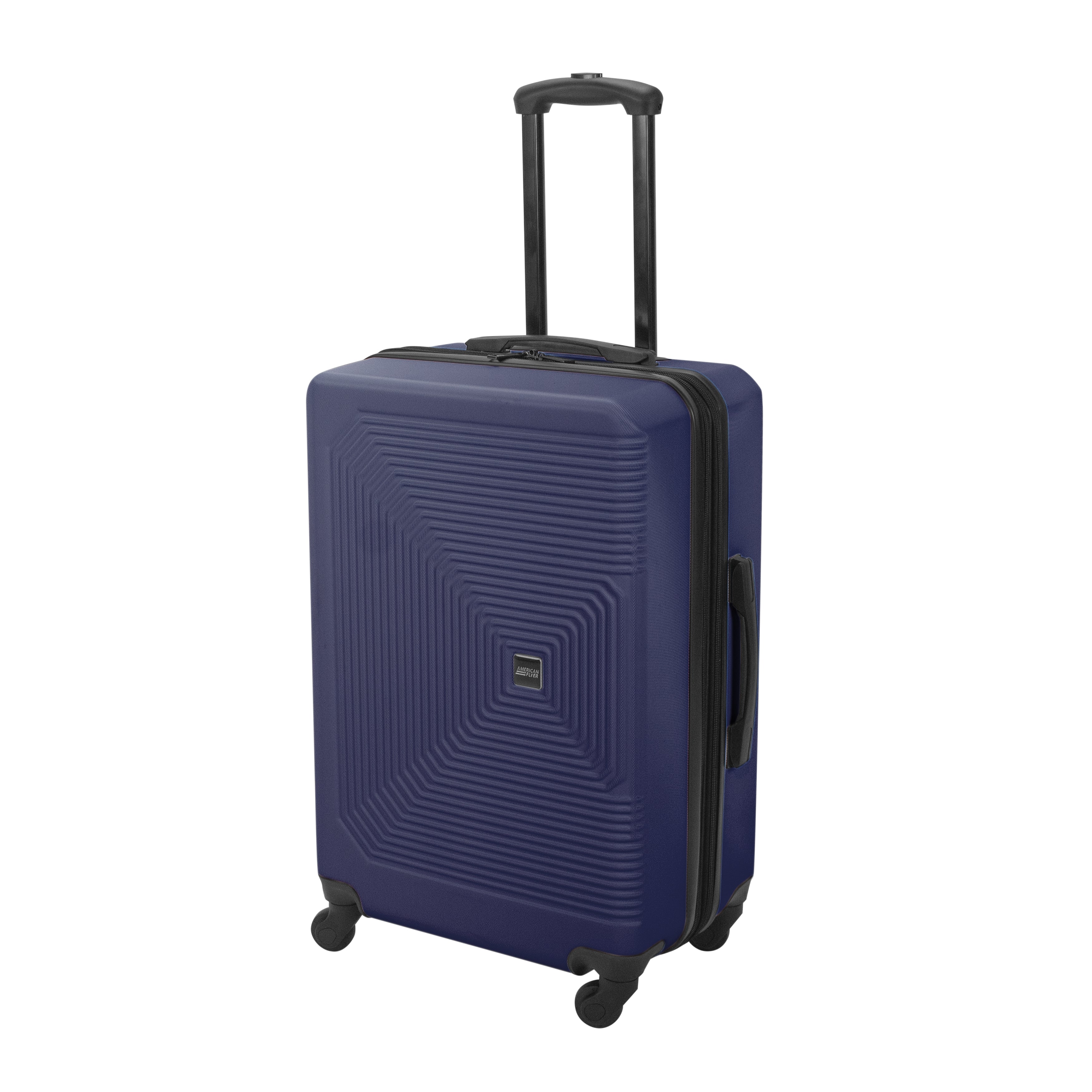 Blue suitcase with a textured surface on a white background
