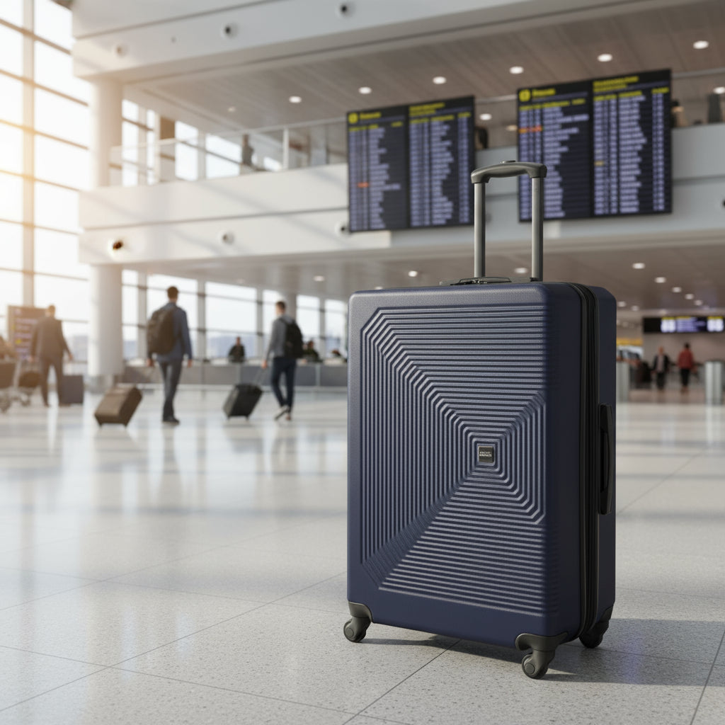 Blue suitcase with a textured surface on a white background