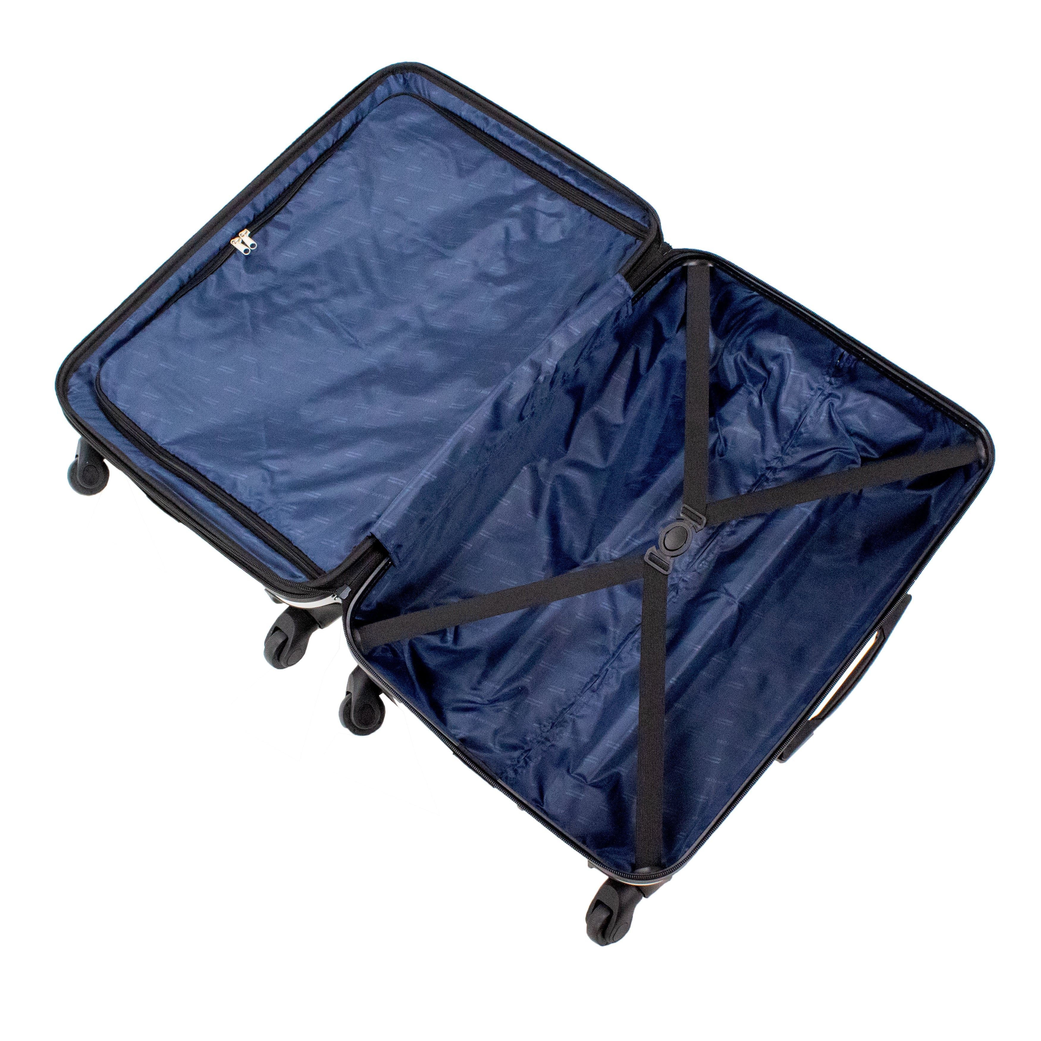 Open navy blue suitcase with black interior on a white background