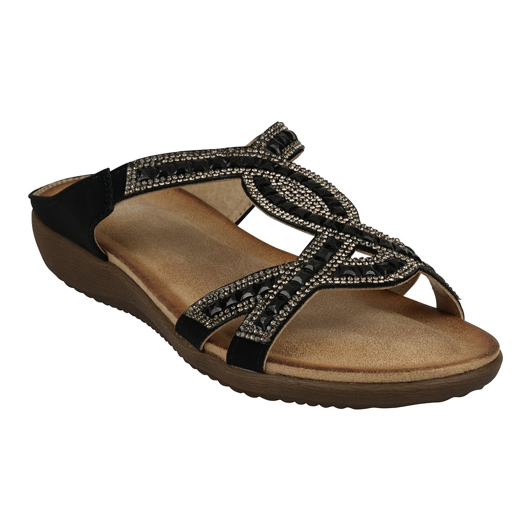 GC Shoes Alora Black Embellished Slide Flat Sandals