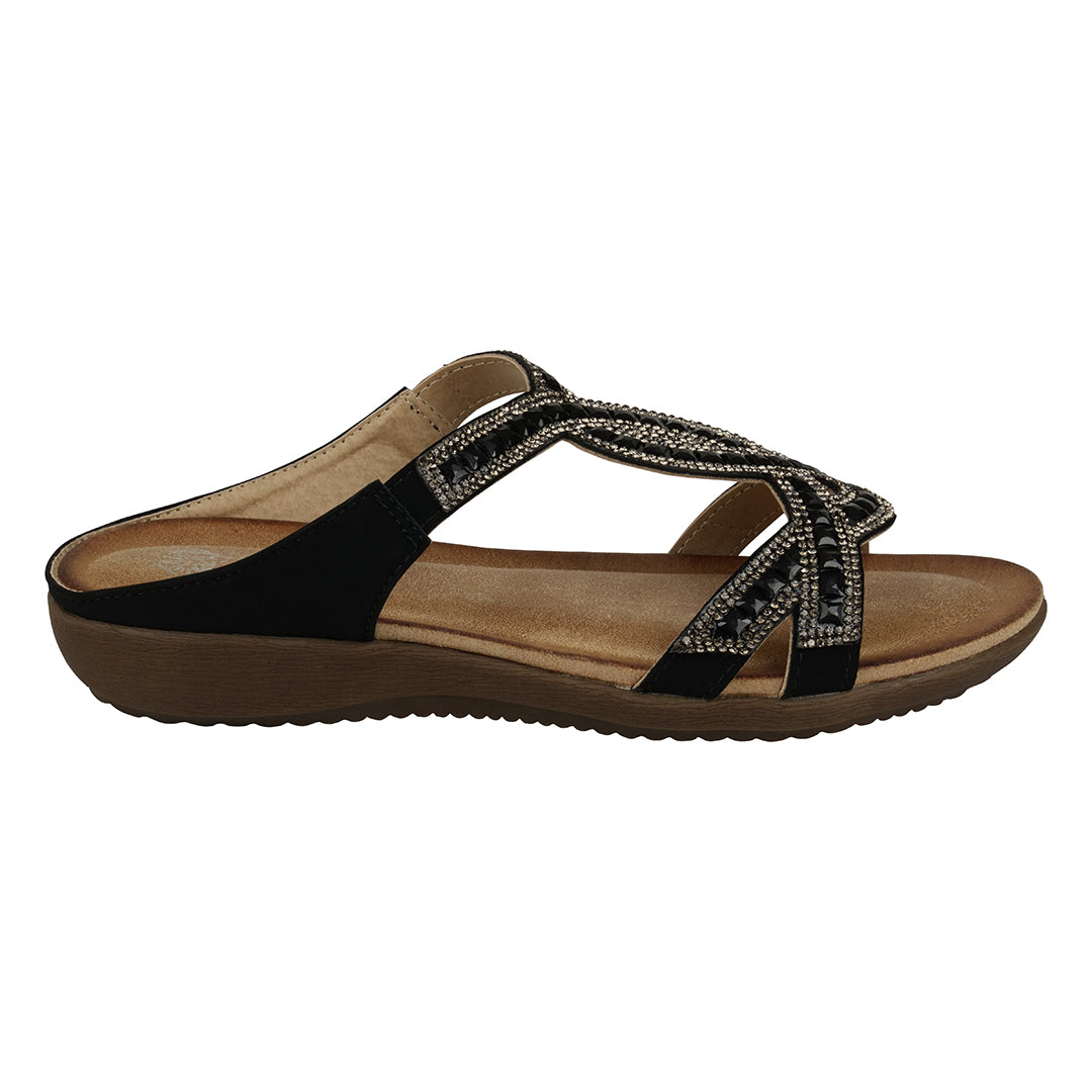 GC Shoes Alora Black Embellished Slide Flat Sandals