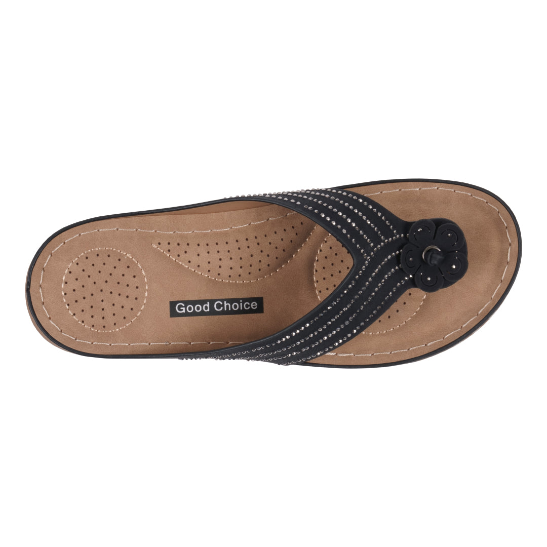Black sandal with 'Good Choice' label on a white background