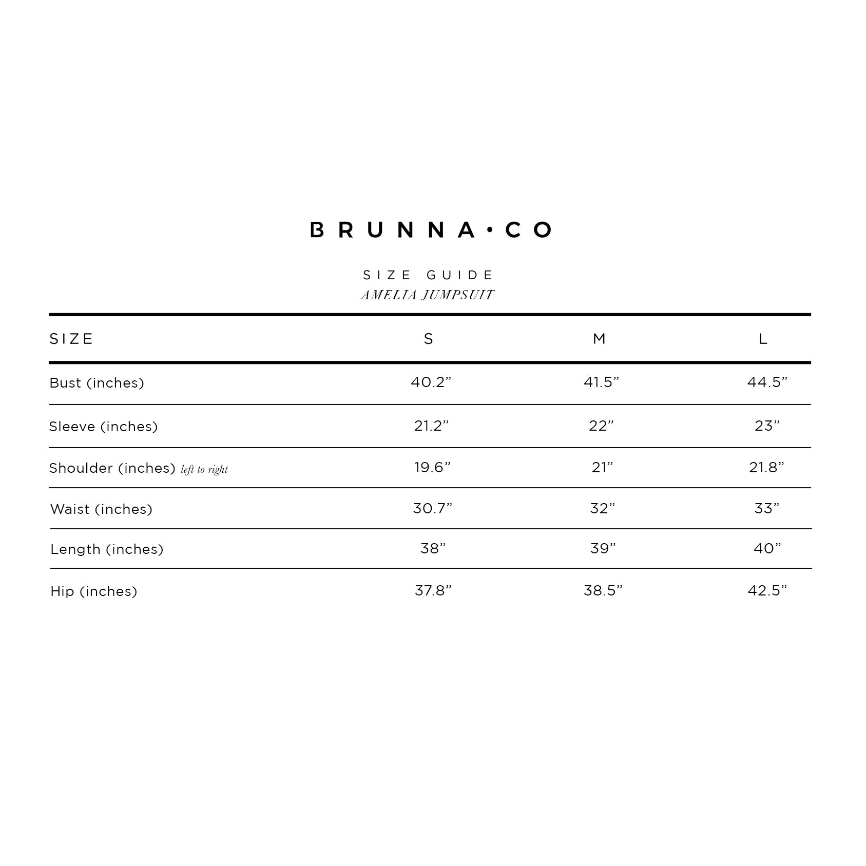 Size guide for a jumpsuit by Brunna Co on a white background