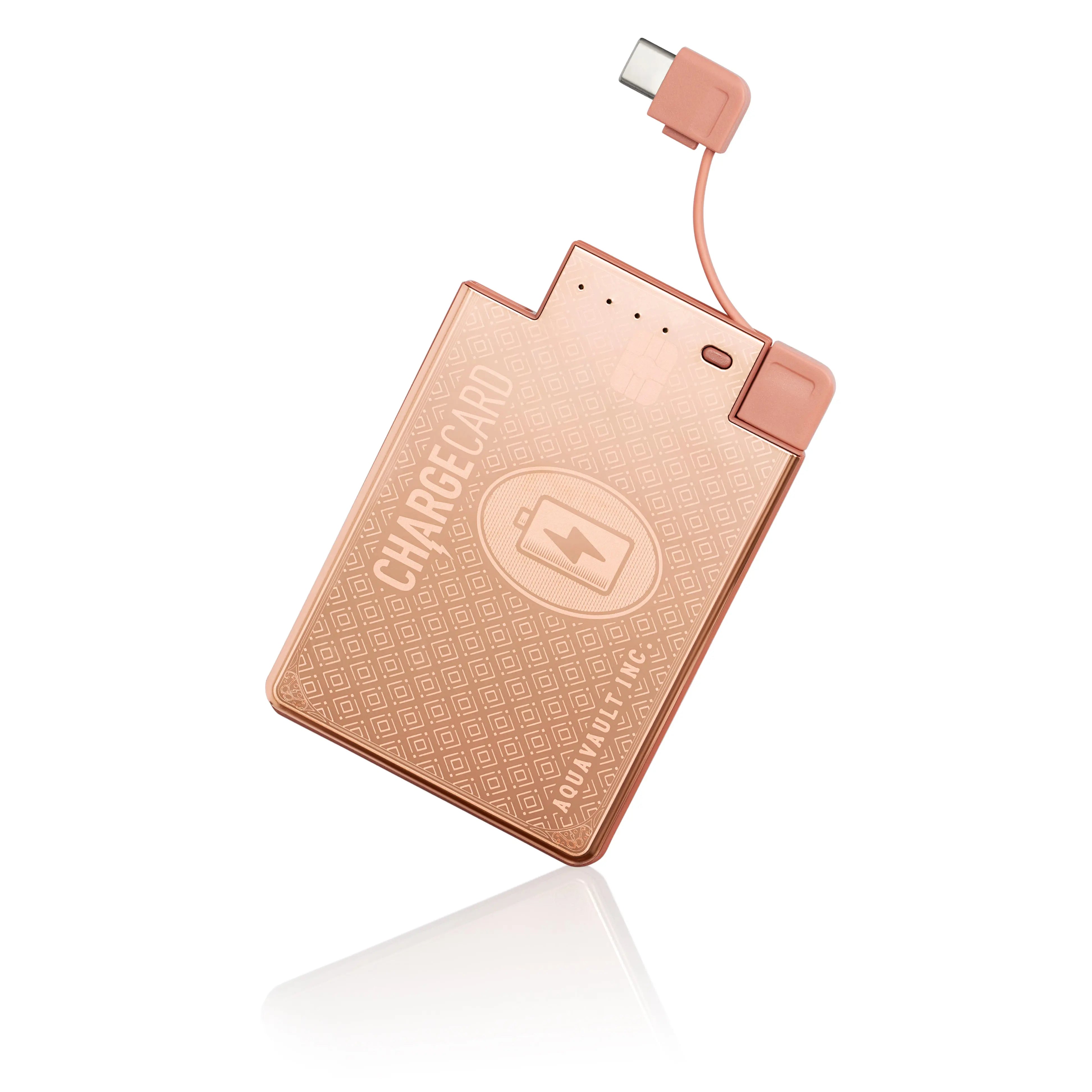 Rose gold power bank with USB-C cable on a white background