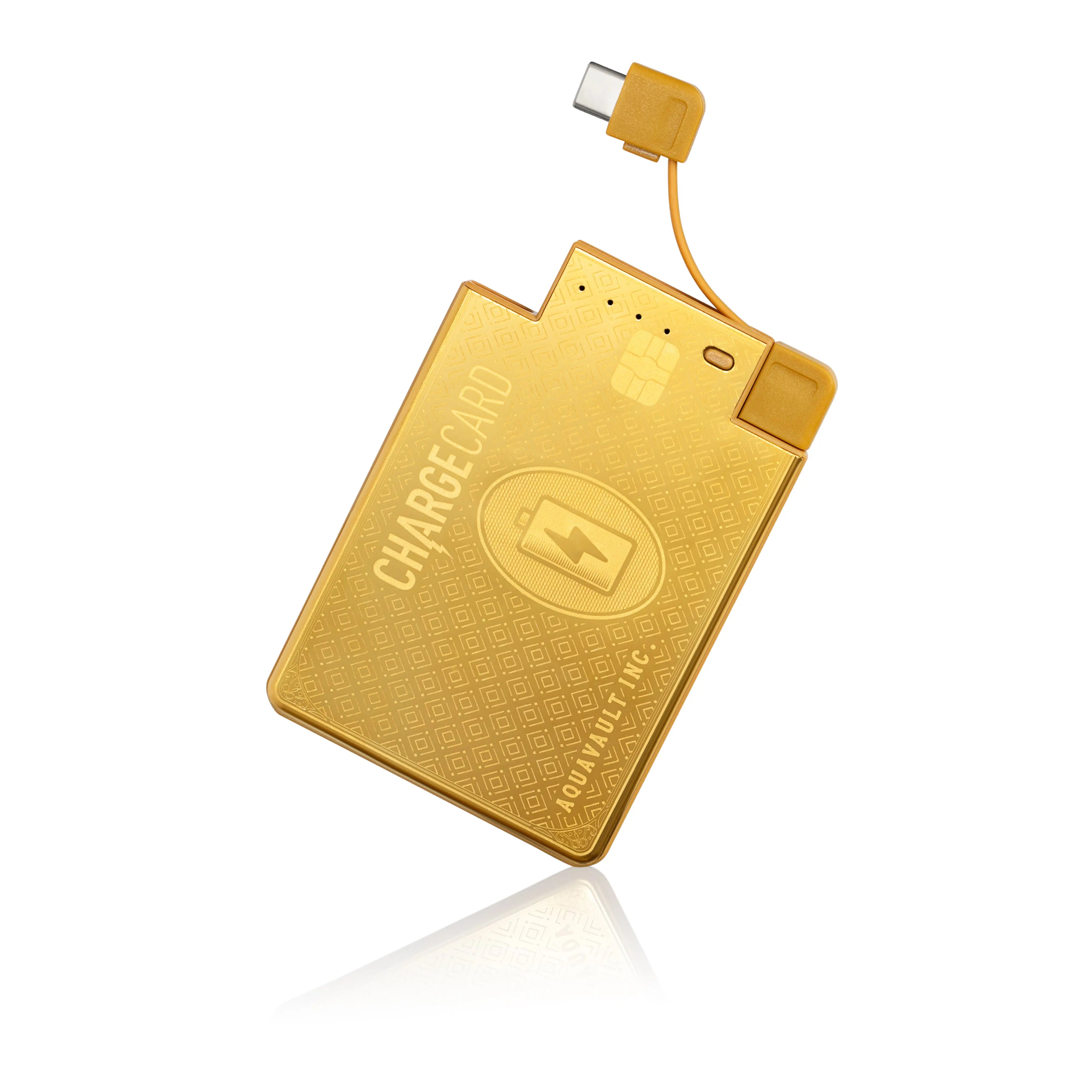 Gold-colored portable battery charger with USB-C cable on a white background