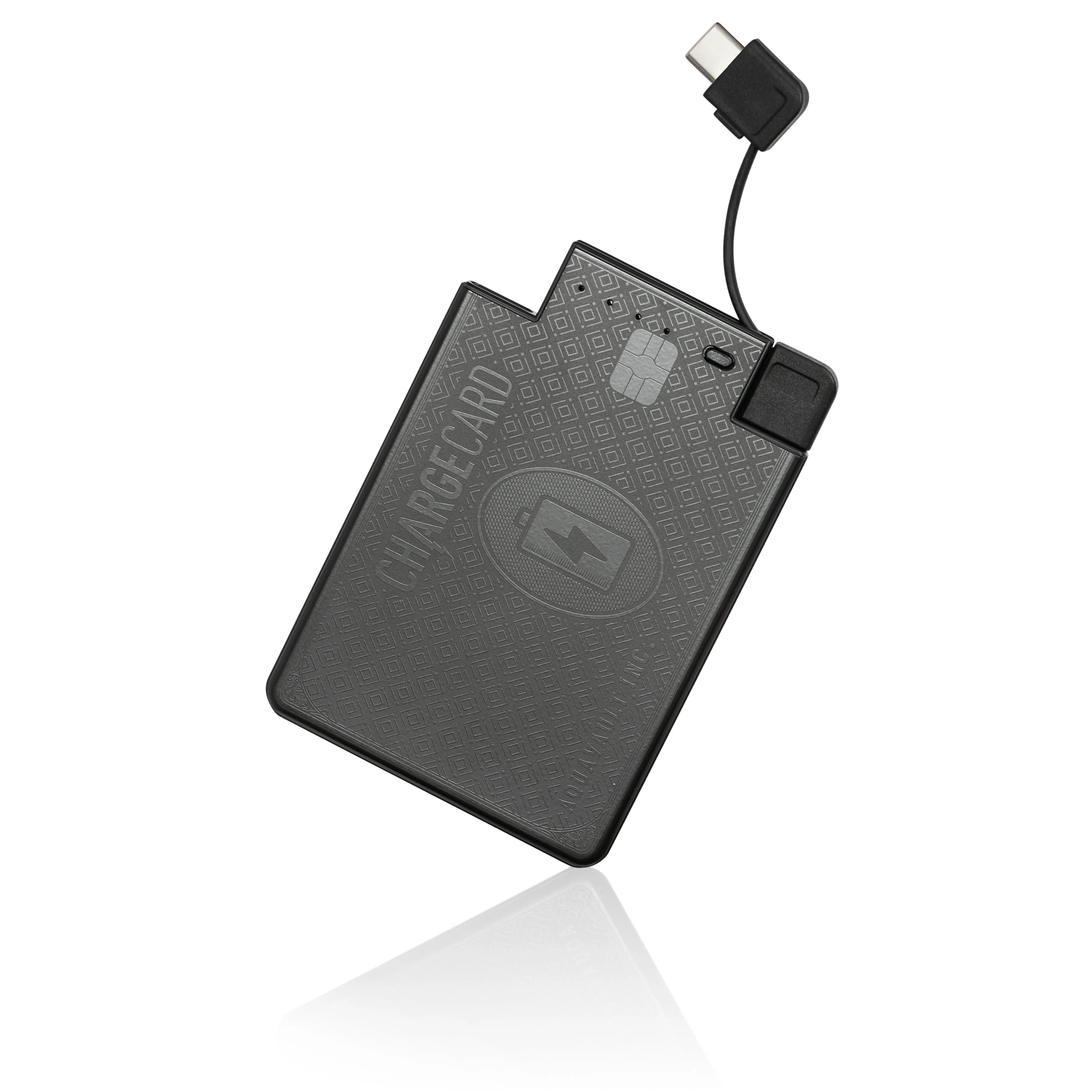 Black portable charging device with USB cable on a white background
