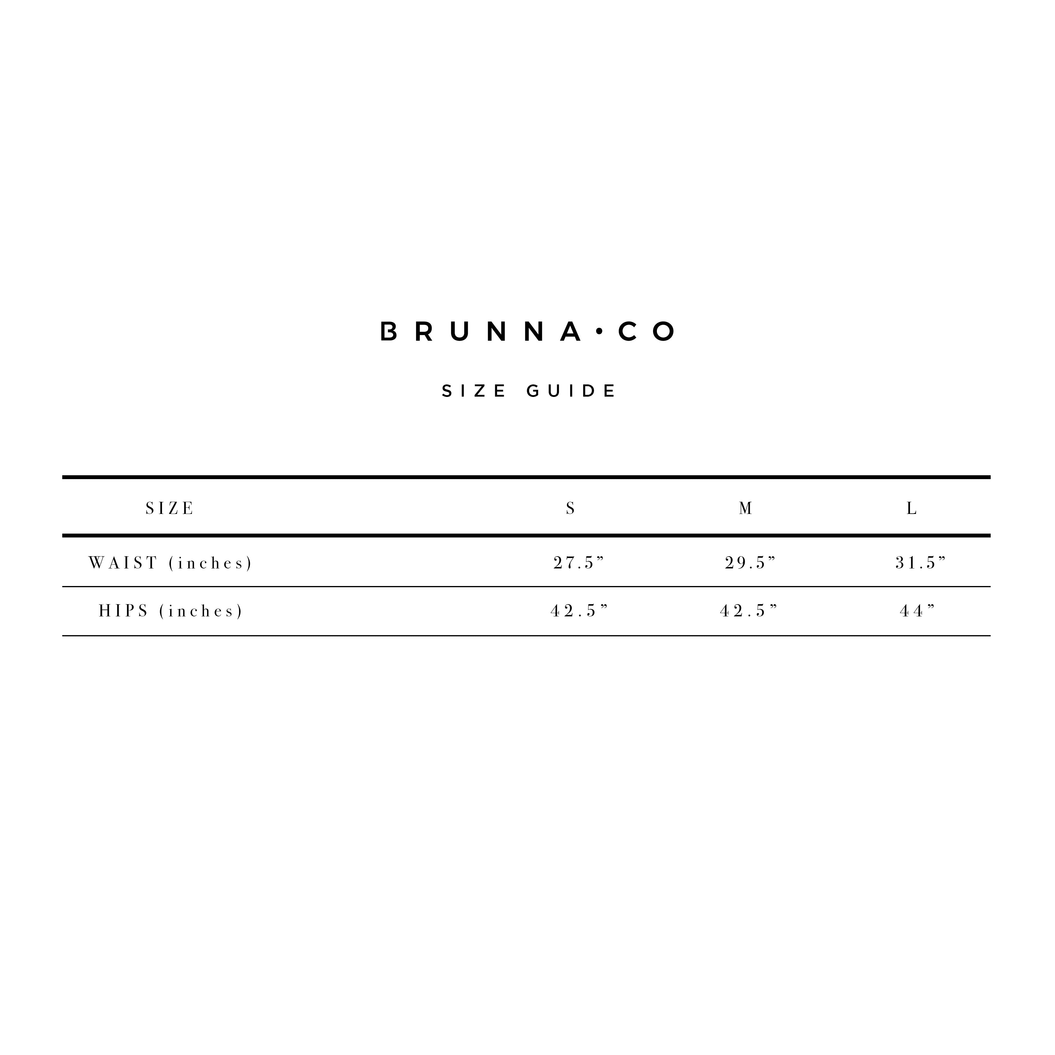 Size guide for Brunna Co products with waist and hips measurements.