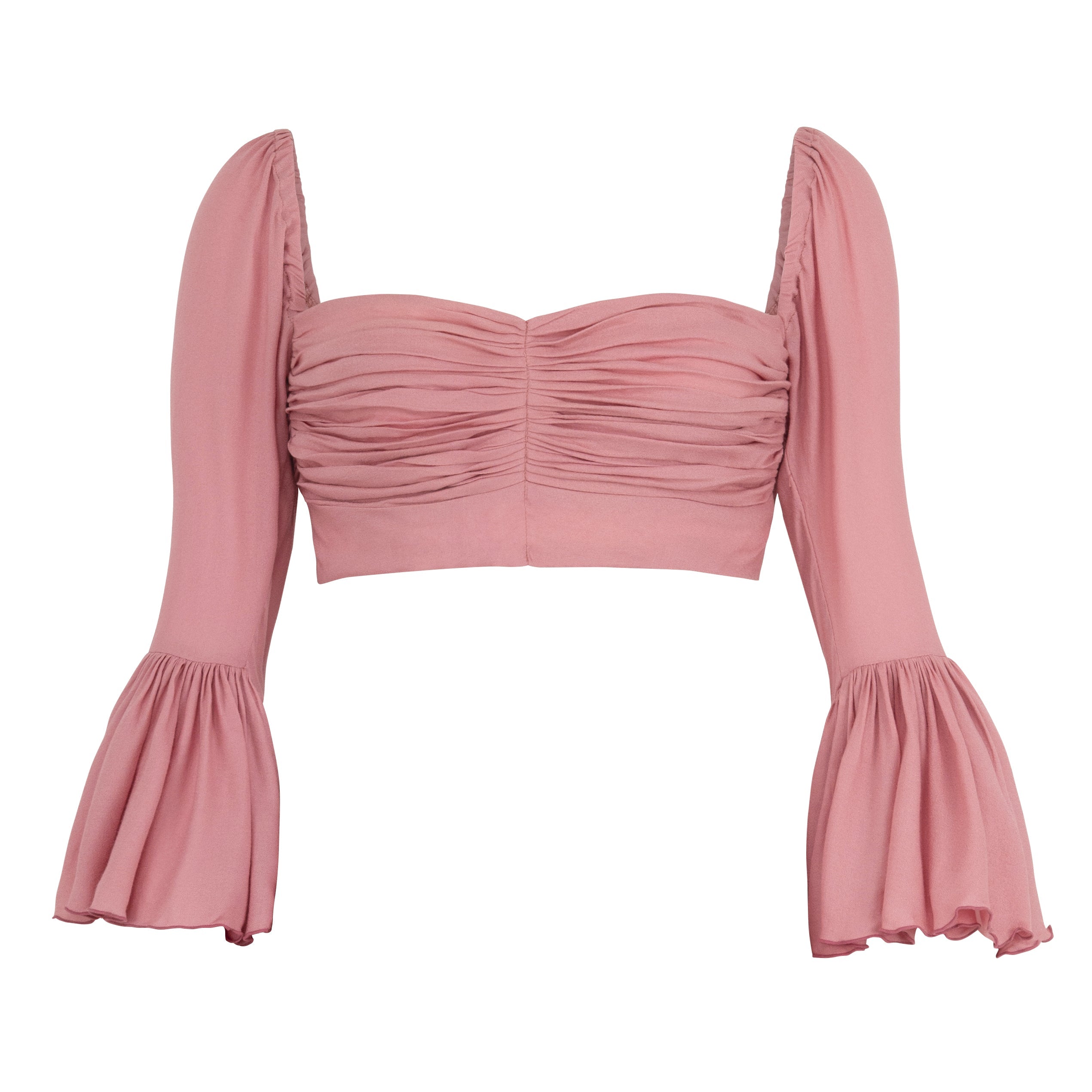 Pink ruched top with long sleeves on a white background