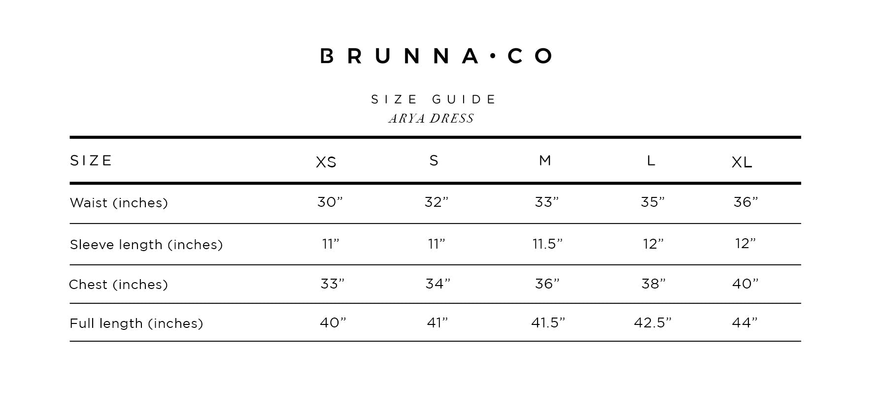 Brunna & Co. size guide for a dress with measurements in inches.