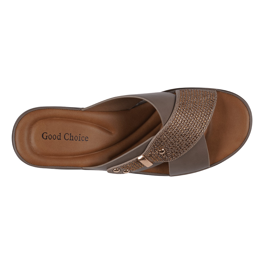 Brown sandal with 'Good Choice' branding on a white background