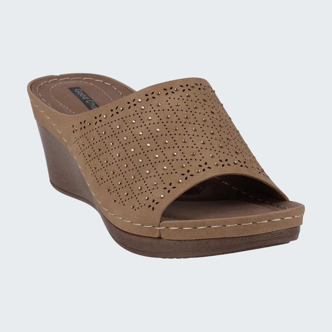Brown wedge sandal with open toe on a white background
