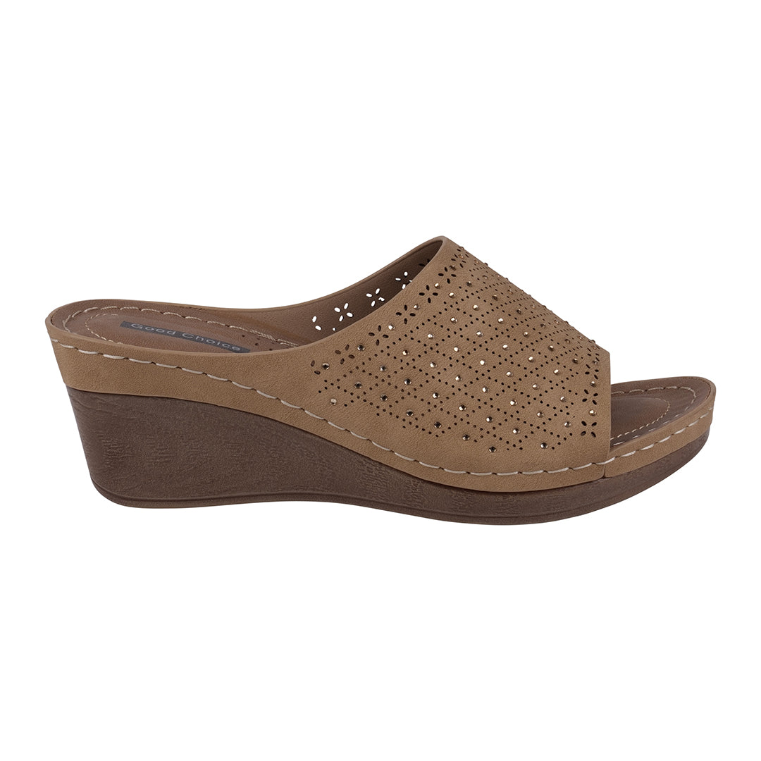 Brown wedge sandal on a white background