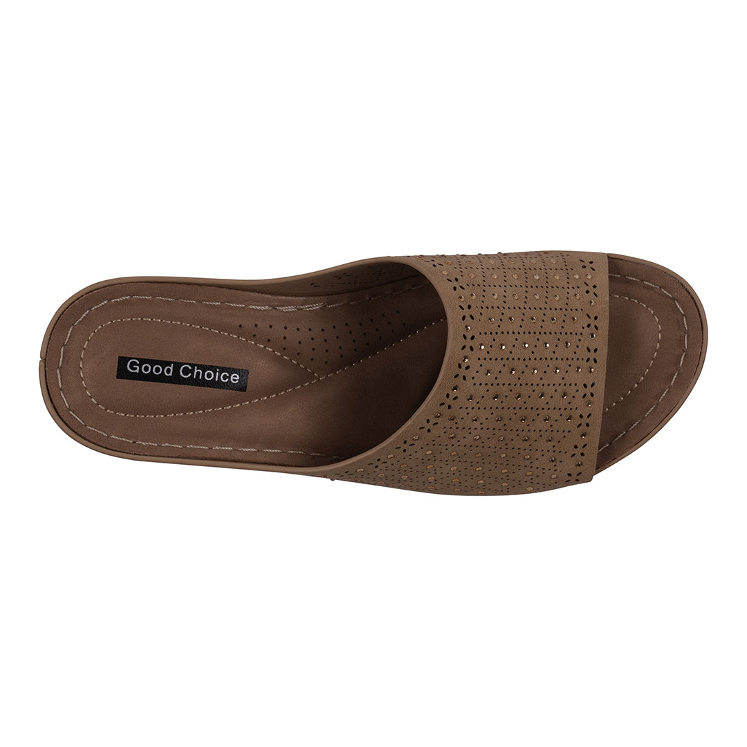 Brown sandal with 'Good Choice' label on a white background