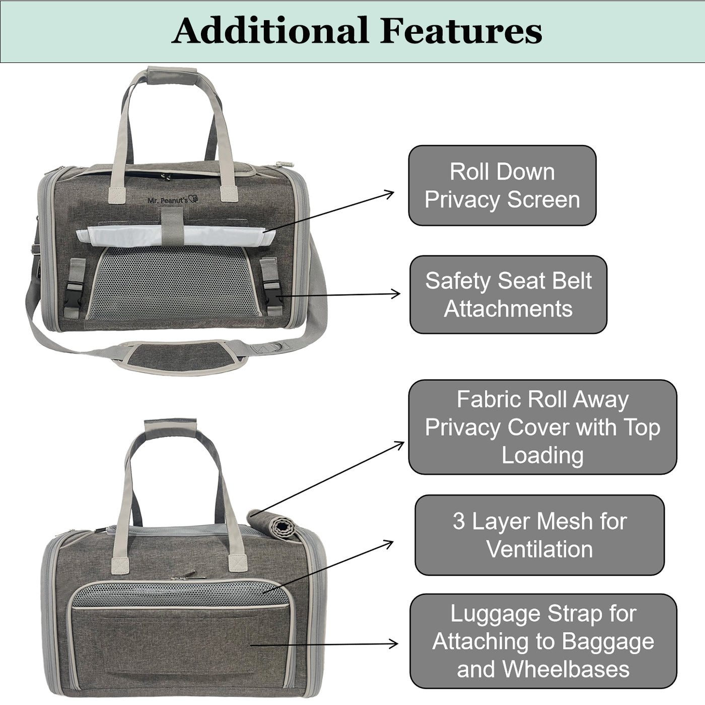 Gray pet carrier with features highlighted on a light green background