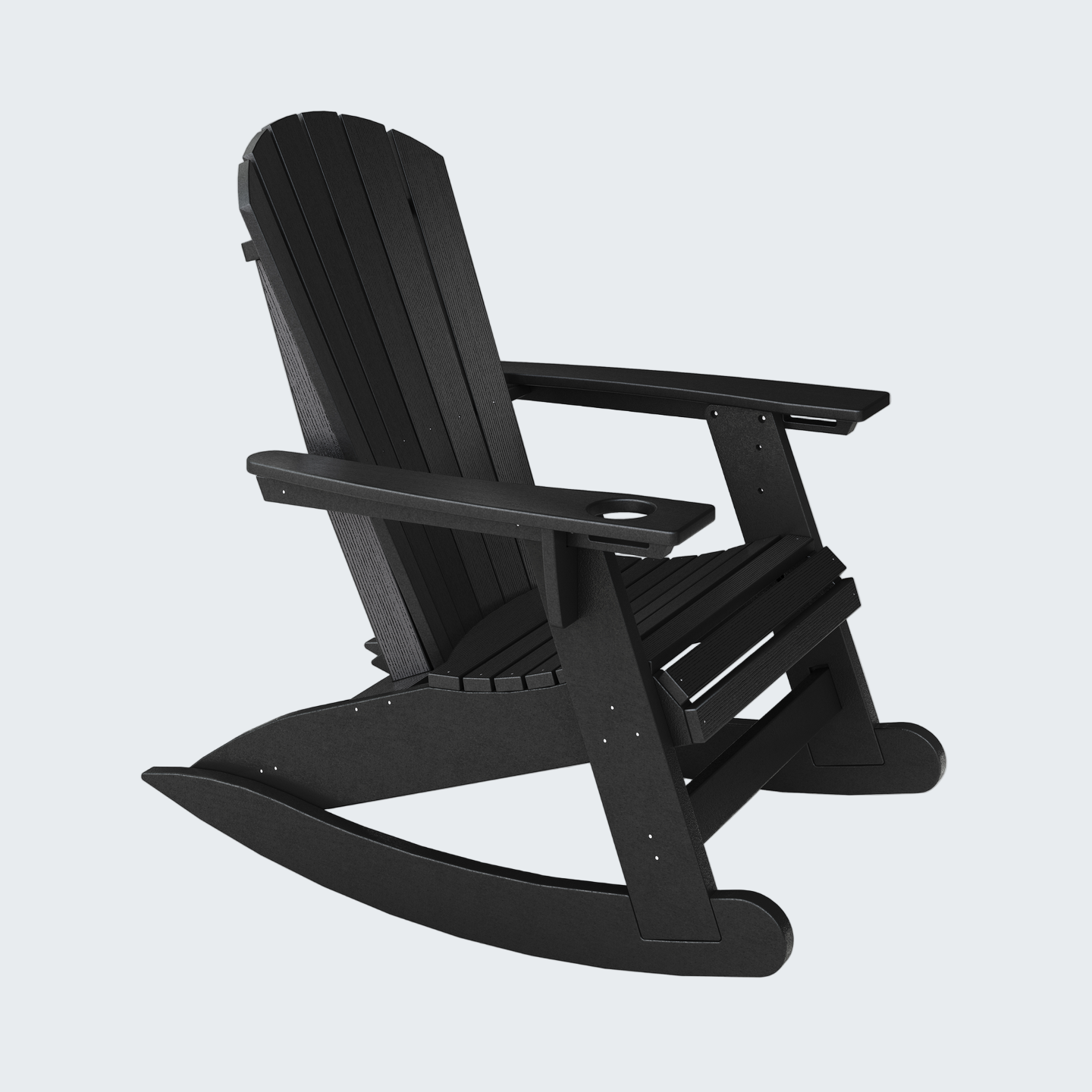 Black Adirondack rocking chair on a white background