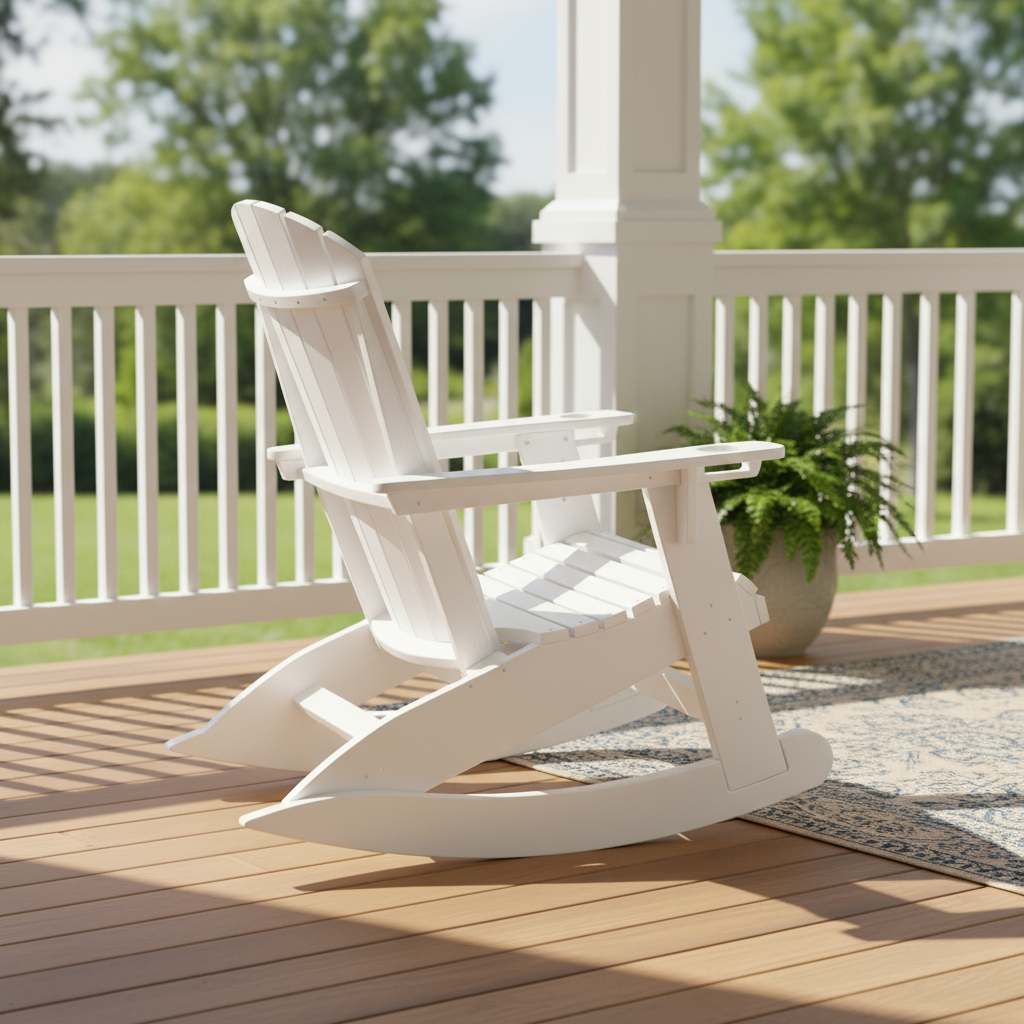 White Adirondack rocking chair on a white background