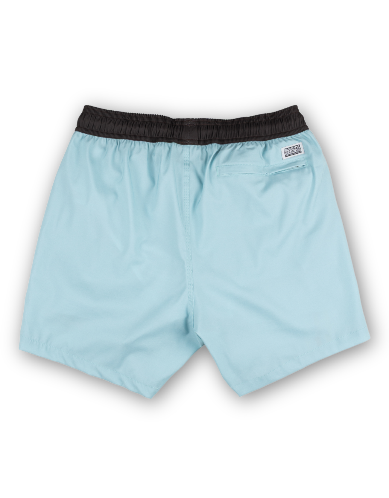 Light blue shorts with a black waistband on a white background