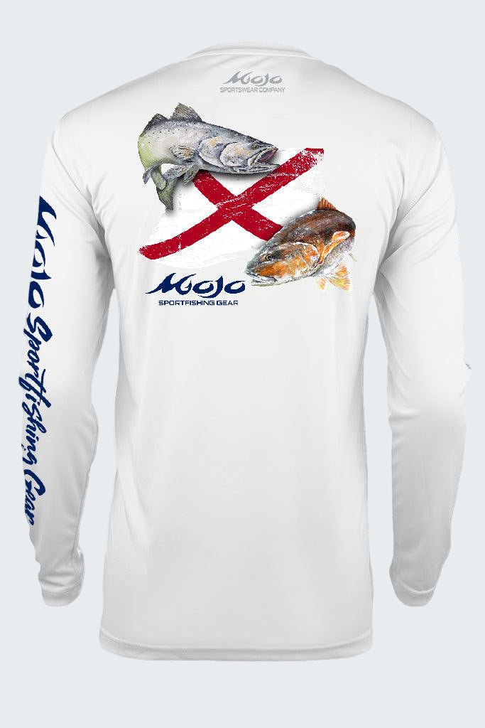 White long-sleeve shirt with fish graphics and branding on a white background