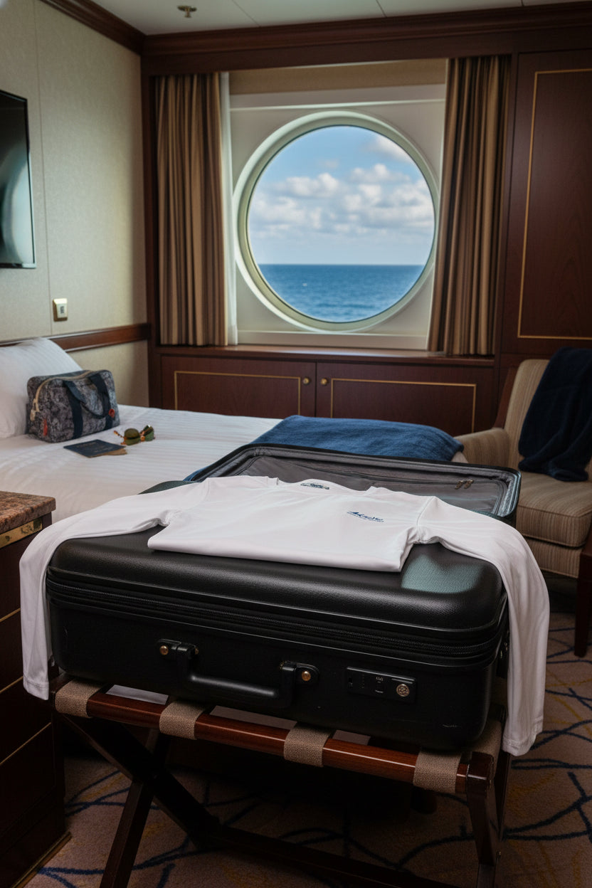 White long-sleeve shirt with blue branding on a white background