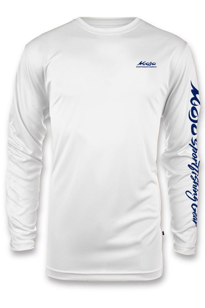 White long-sleeve shirt with blue branding on a white background