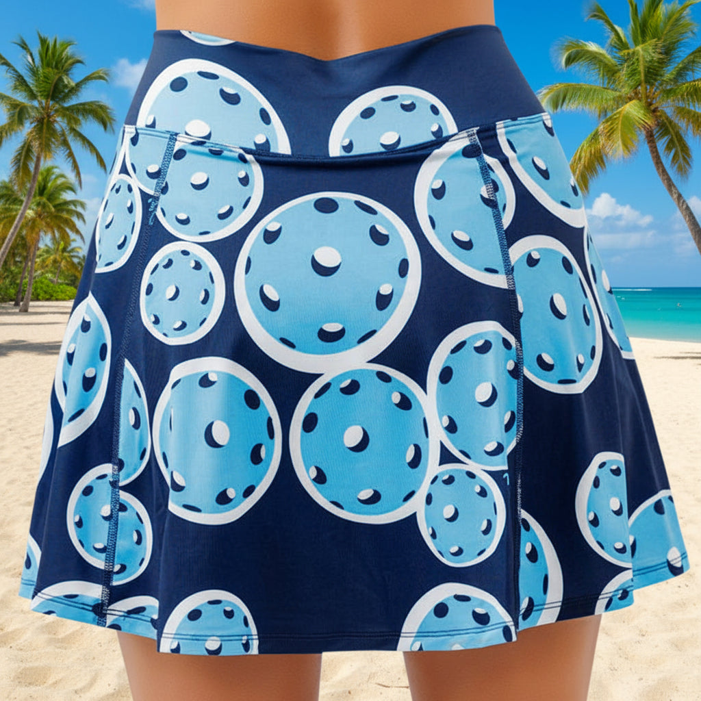 Navy blue skirt with blue and white pattern on a white background