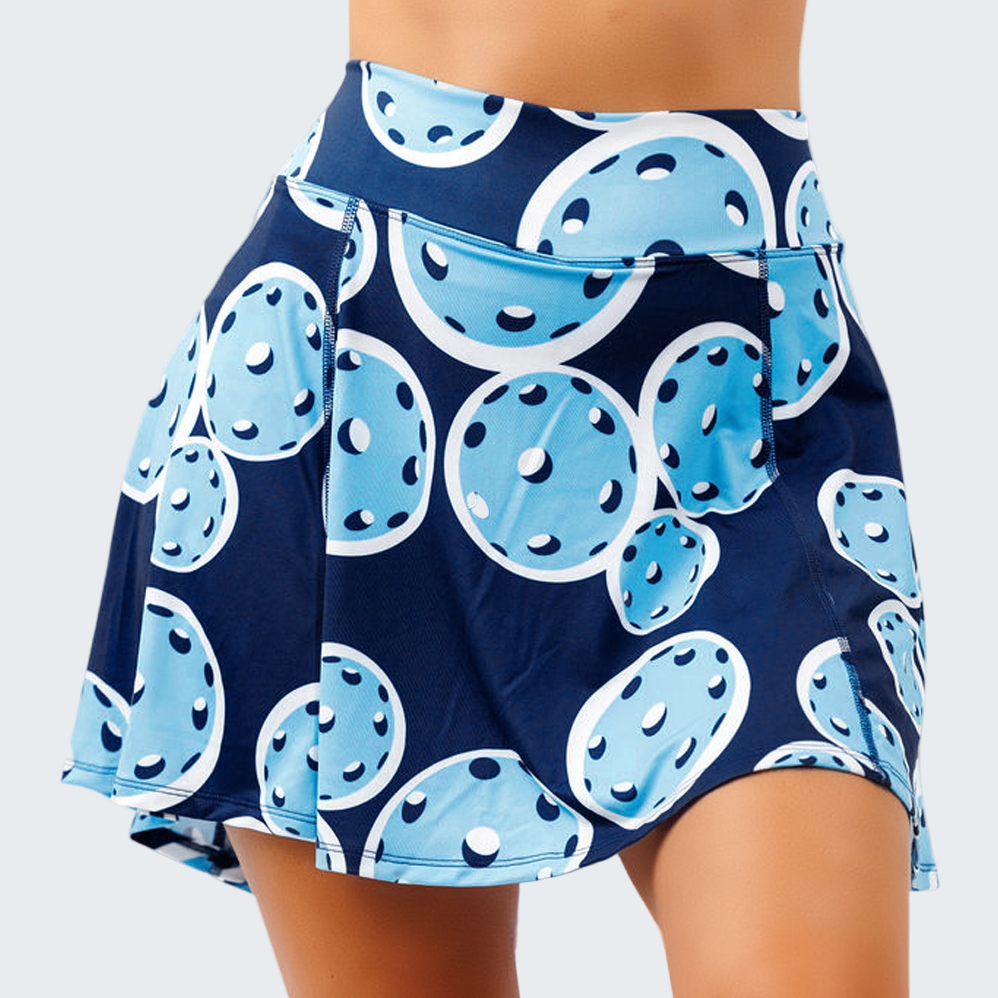 Navy blue skirt with blue and white pattern on a white background