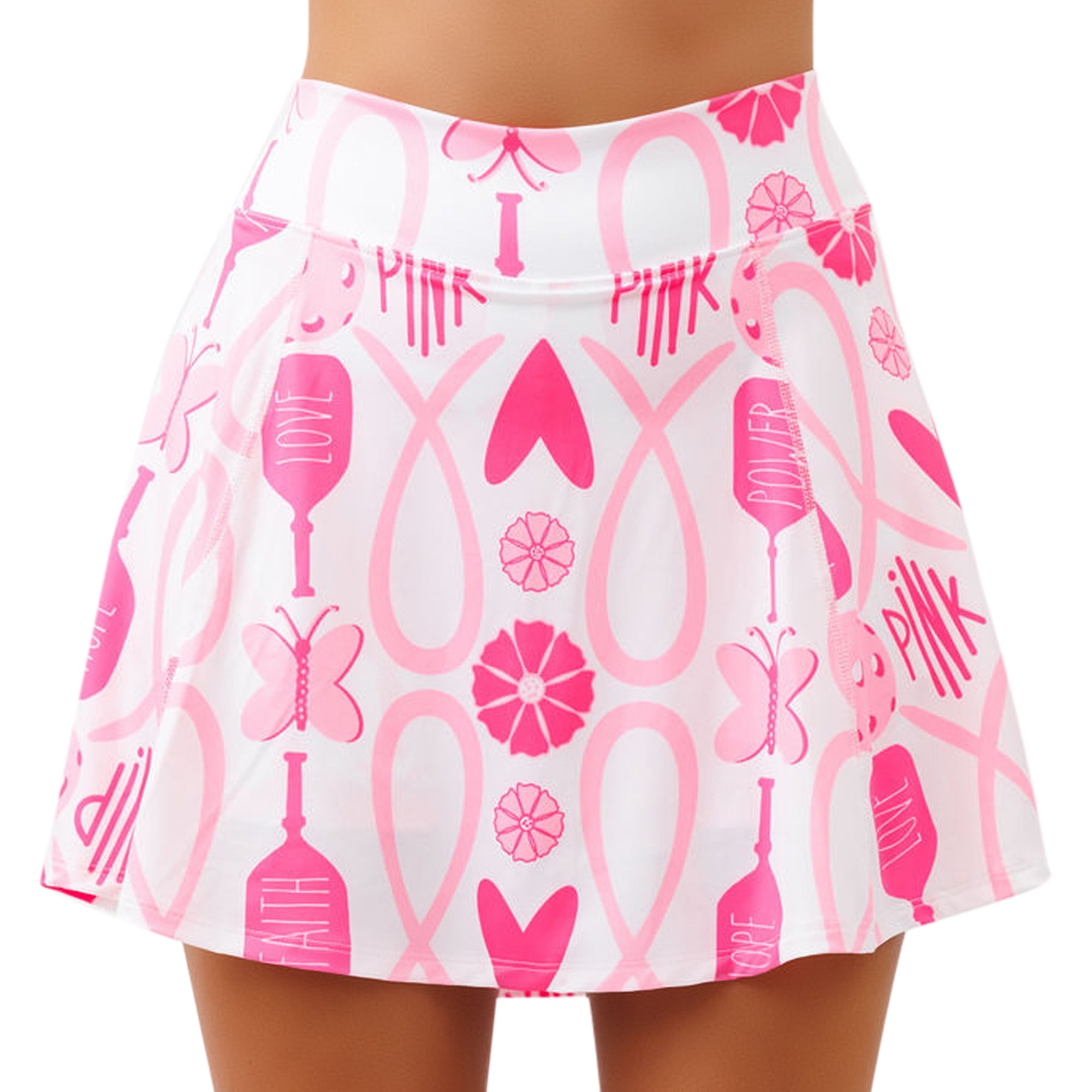 Skirt with pink patterns and text on a white background
