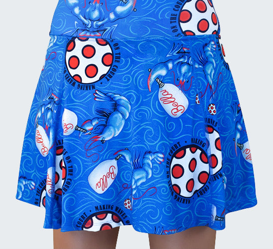 Blue skirt with lobster and polka dot pattern on a white background