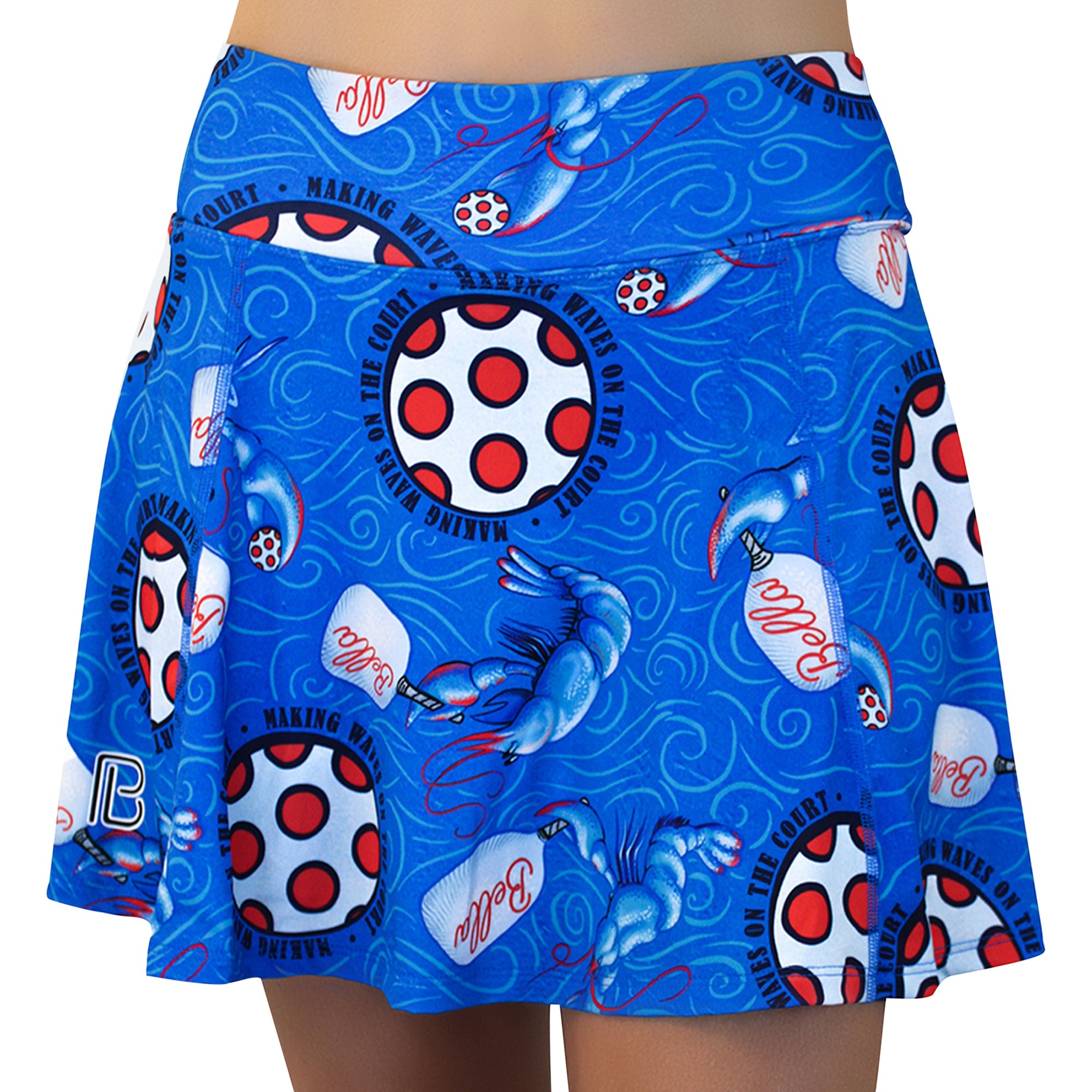 Blue skirt with red and white patterns on a white background