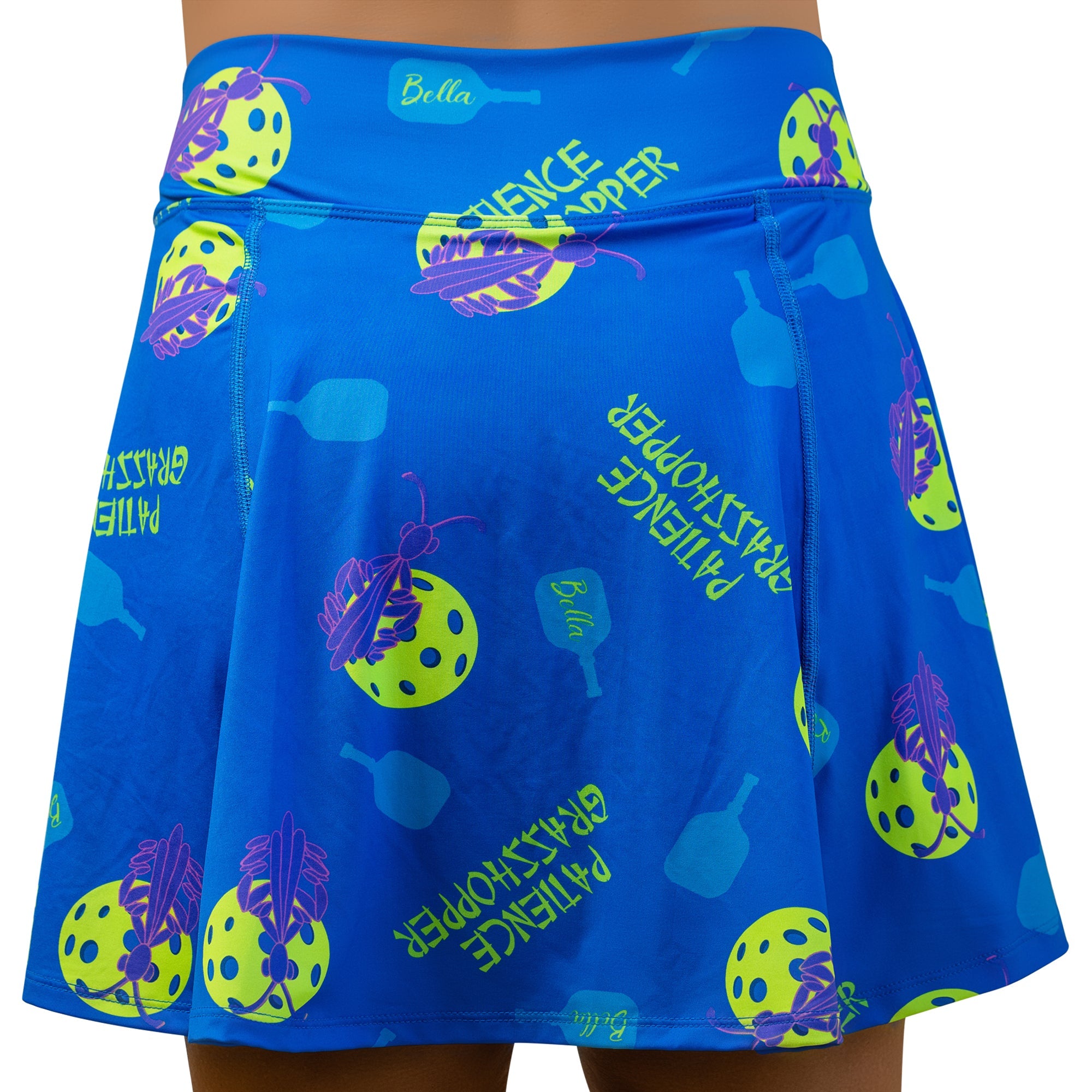 Blue skirt with pickleball graphics and text on a white background