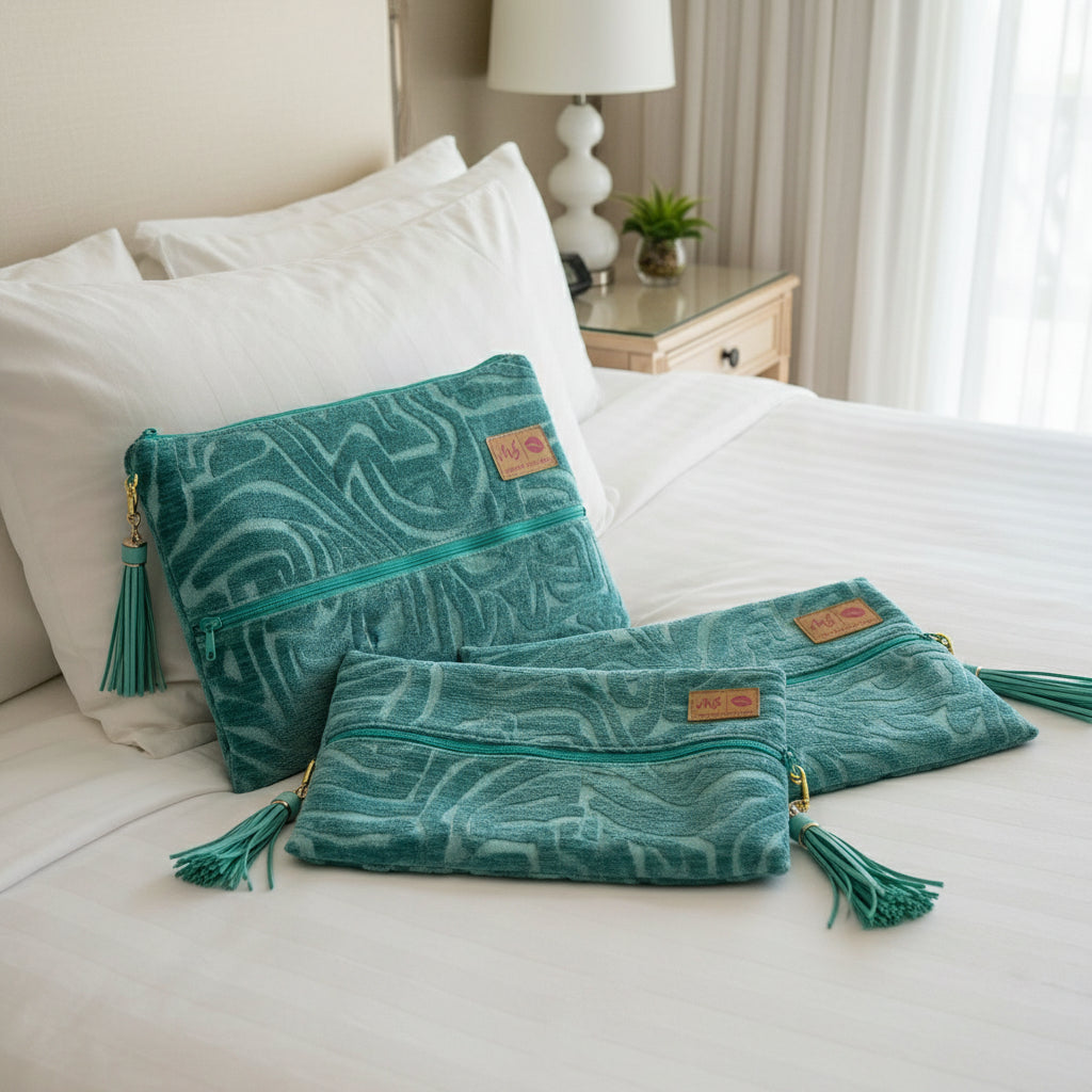 Set of teal patterned pouches with tassels and visible brand label on a white background