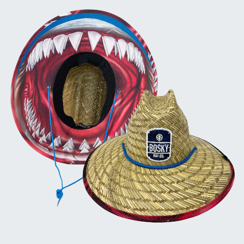 Straw hat with 'Bosky' logo next to a red and blue shark-themed object on a white background