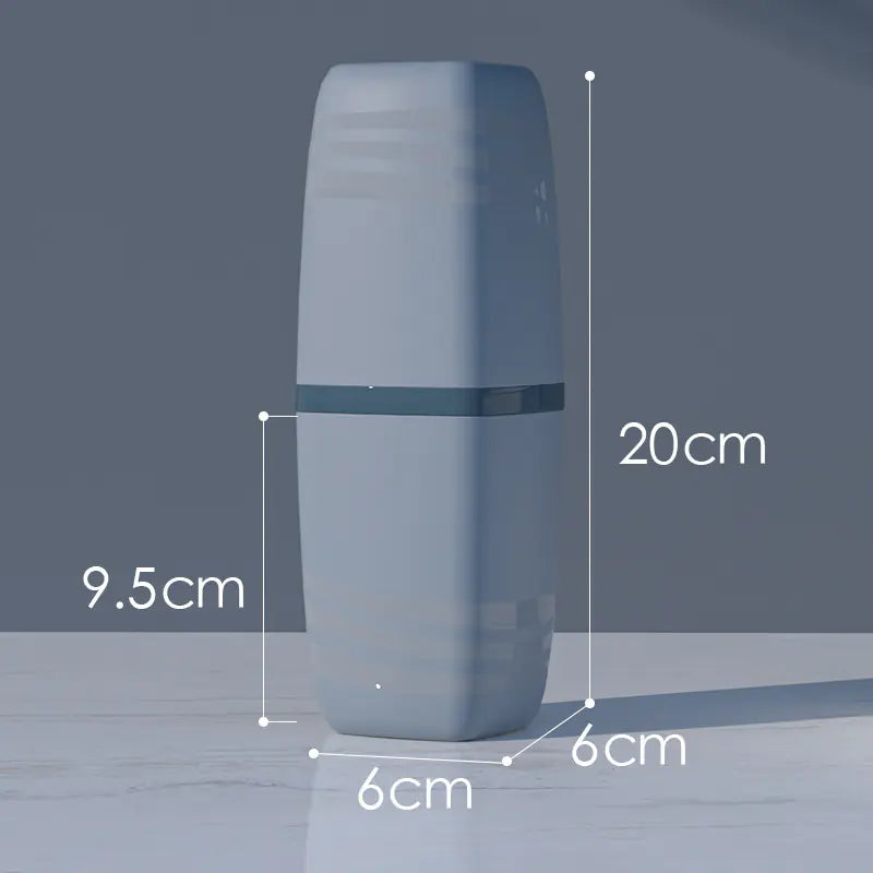 Blue cylindrical container with dimensions labeled on a gray background