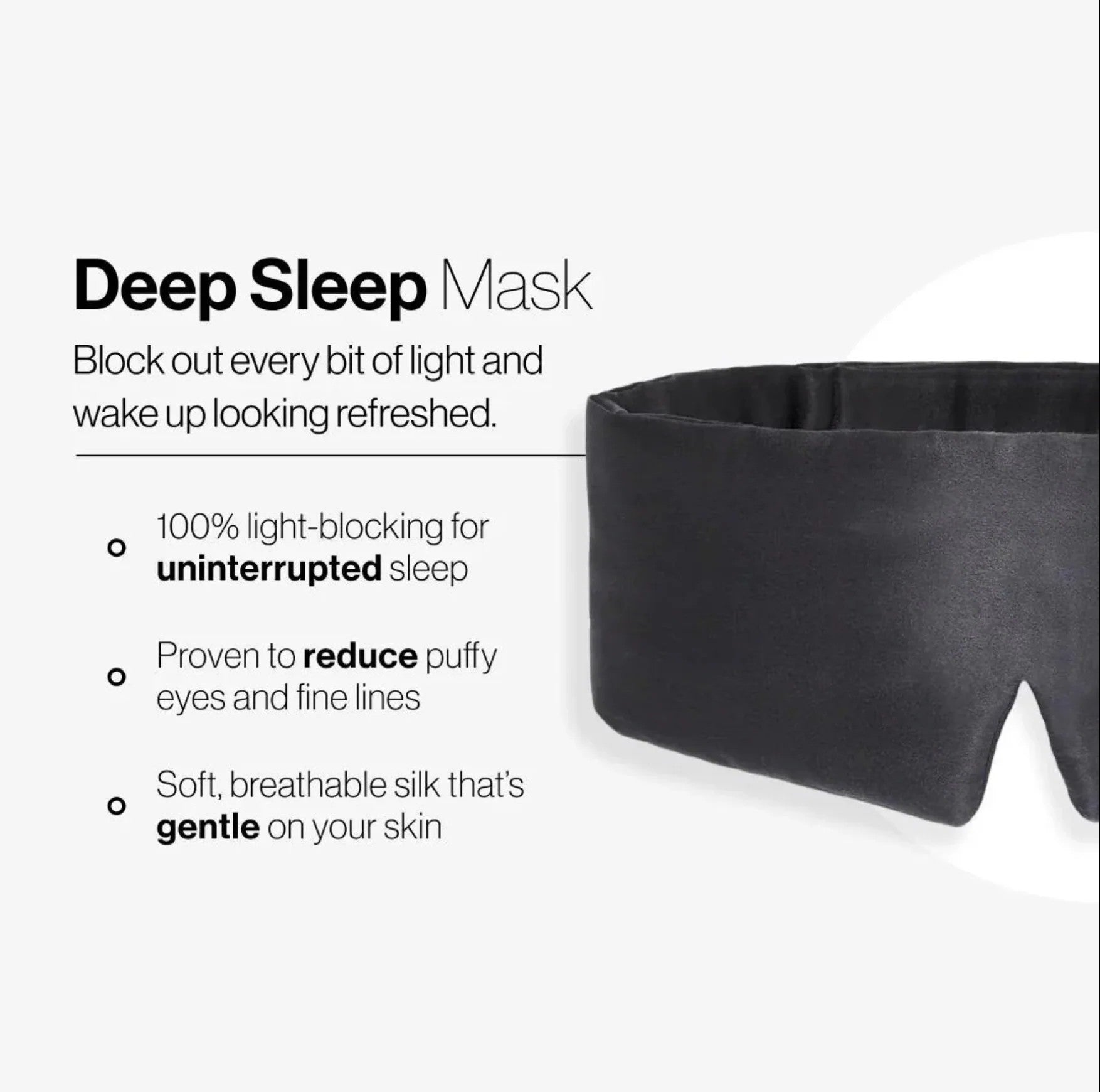 Black sleep mask with text highlighting its features on a white background