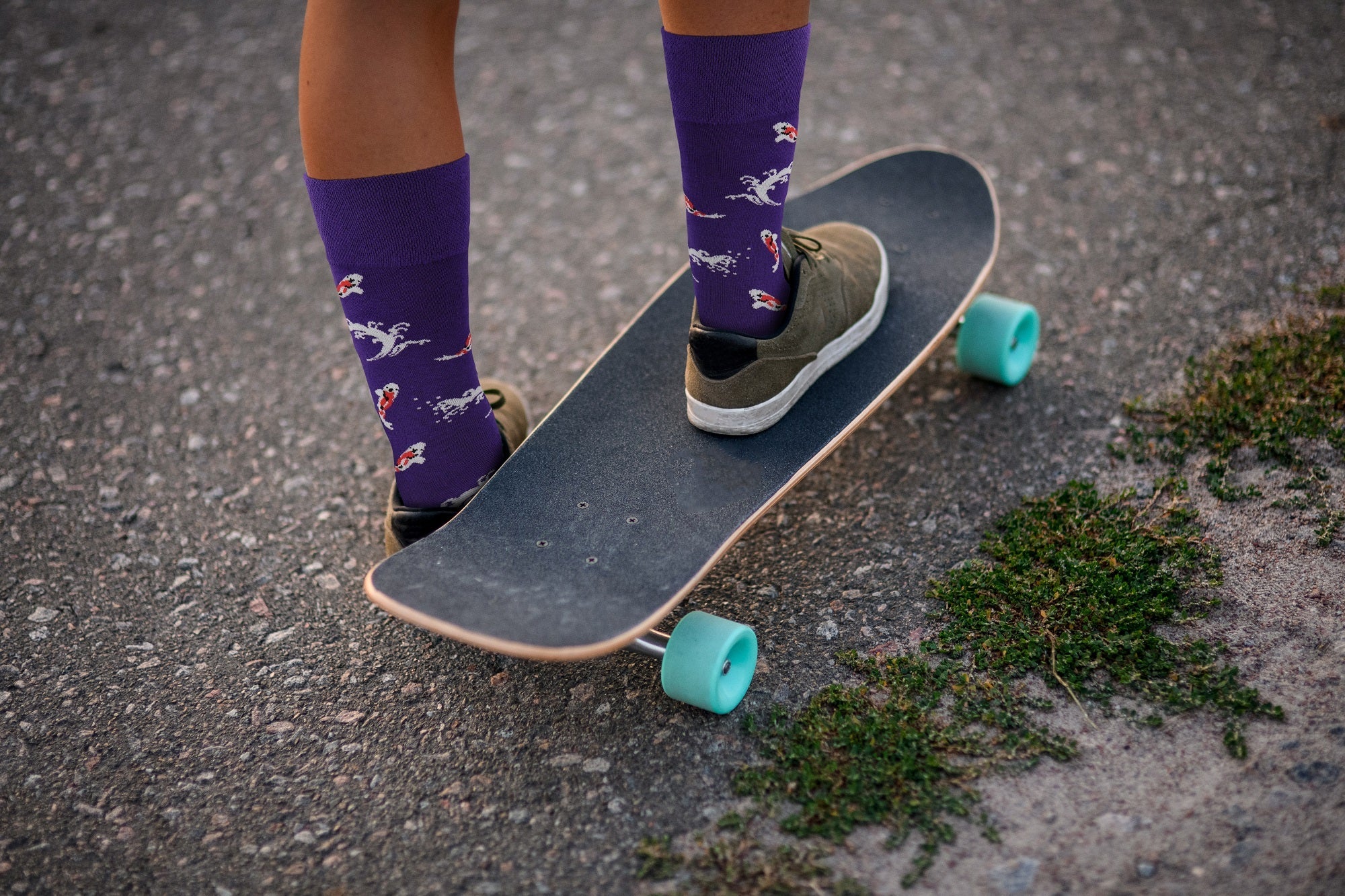 Person wearing purple socks with a pattern on a skateboard