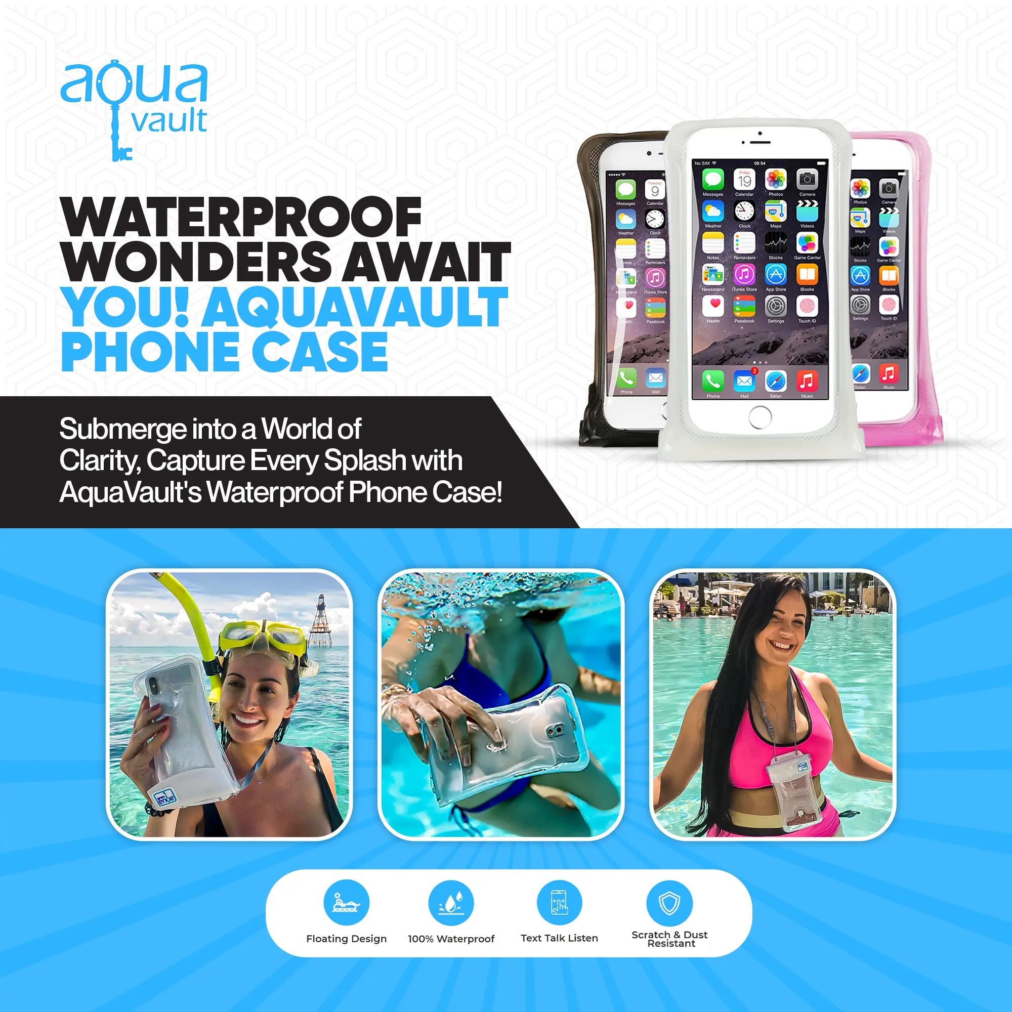 Advertisement for AquaVault waterproof phone case with images of phones and people using the product.
