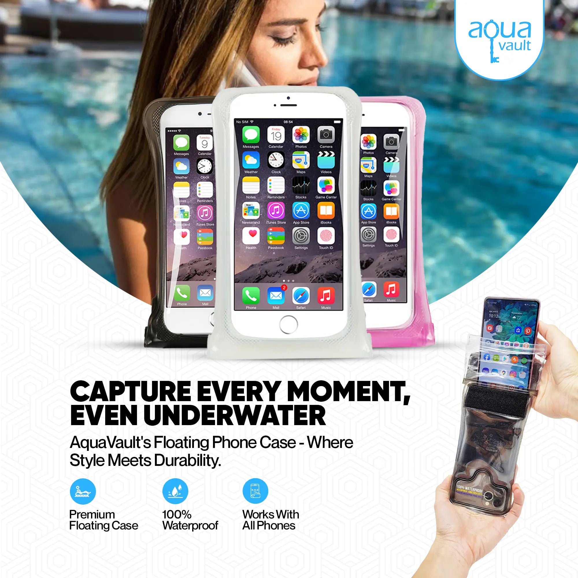 Advertisement for AquaVault floating phone cases with a woman by a pool.