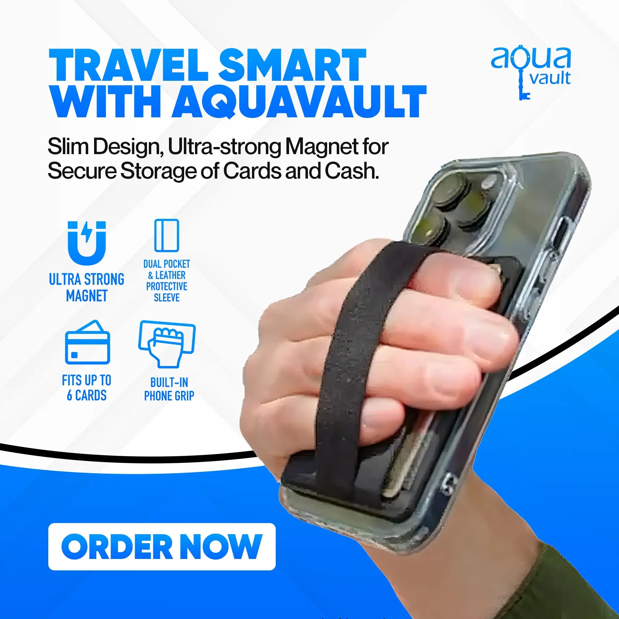 Phone case with Aqua Vault branding, showing a hand holding the phone case.