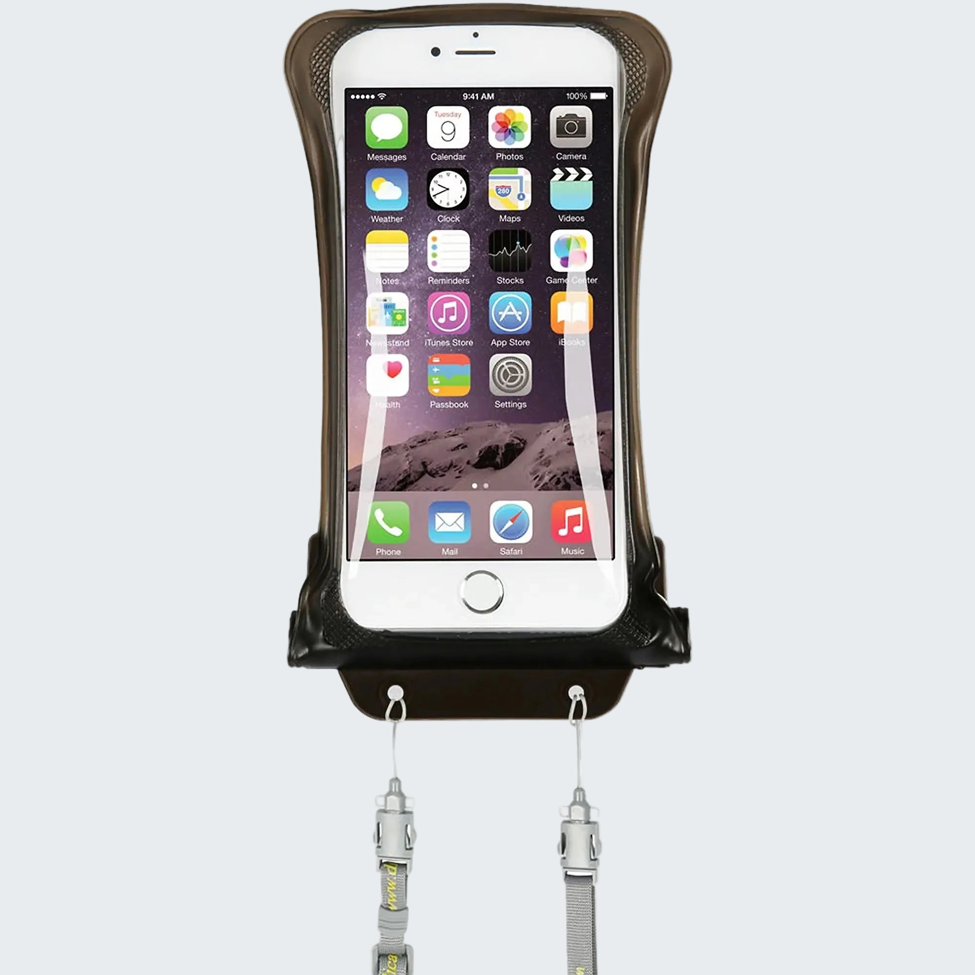 Phone case with attached straps on a white background