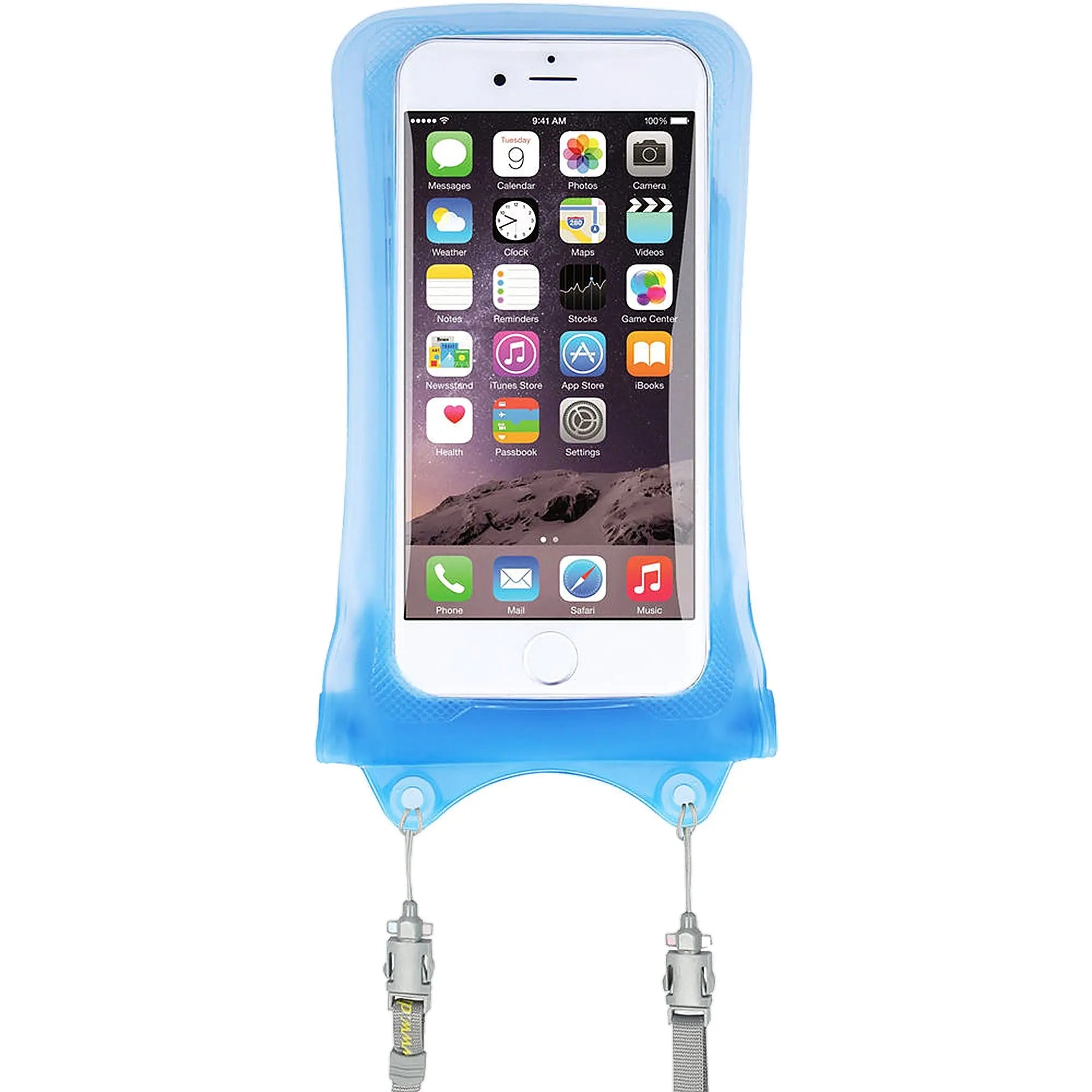 Phone with blue waterproof case on a white background