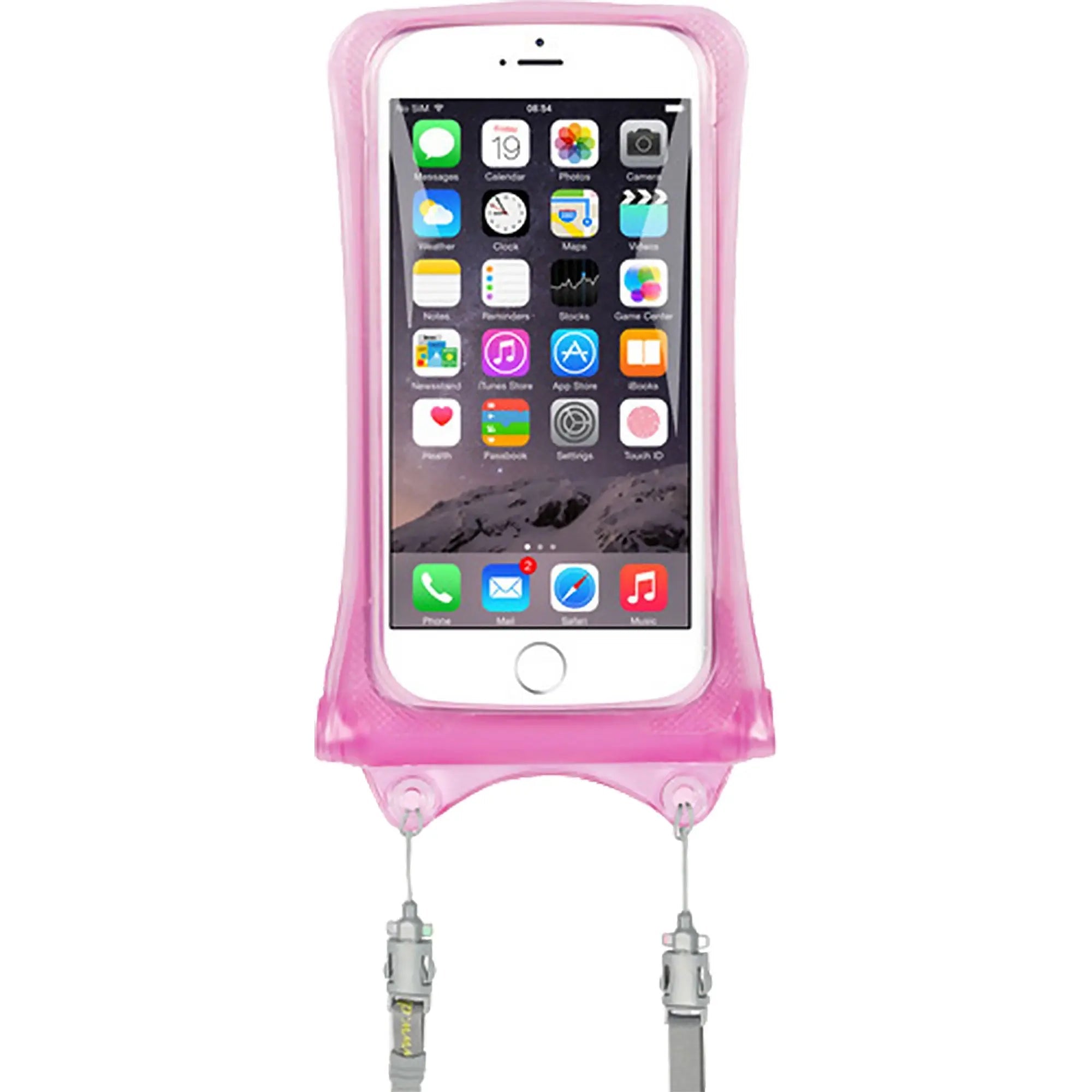 Phone with pink waterproof case on a white background