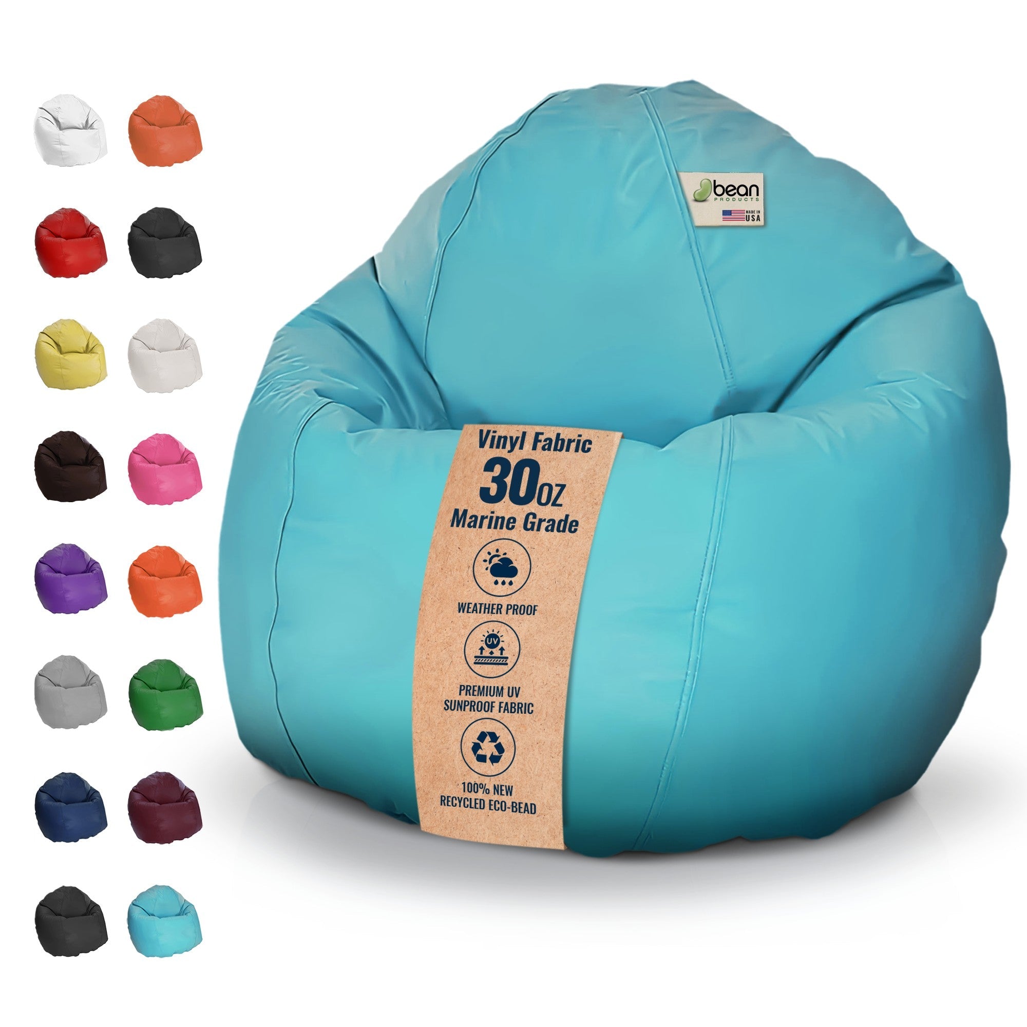 Blue bean bag chair with vinyl fabric and marine grade label, surrounded by color swatches on a white background.
