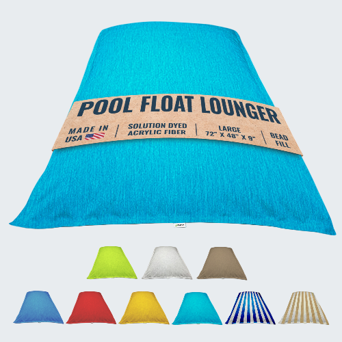 Blue pool float with 'Pool Float Lounger' label and color options below on a white background