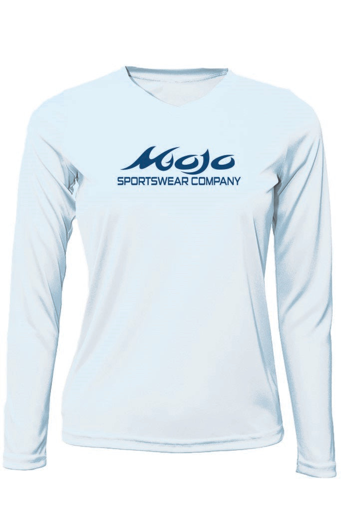 Light blue long-sleeve shirt with 'Mojo Sportswear Company' logo on a white background