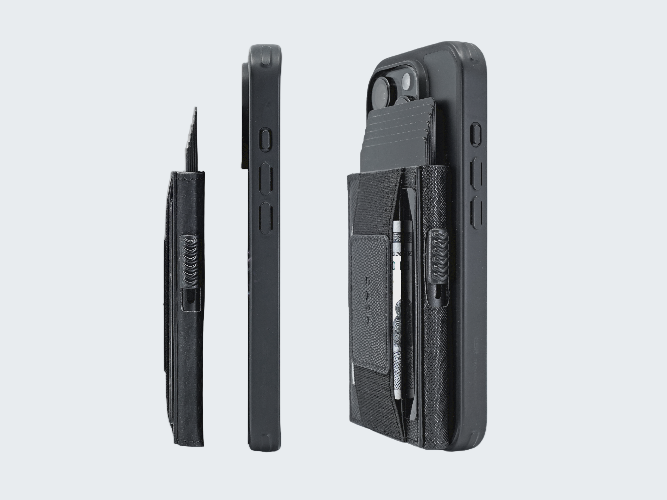 Black phone case with card slots and a pen holder on a light gray background