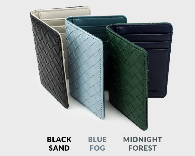 Four quilted wallets in black, blue, green, and navy on a white background.