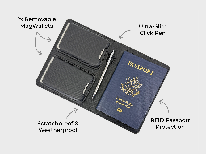 Black travel wallet with passport holder, magwallets, click pen, and RFID protection on a white background.