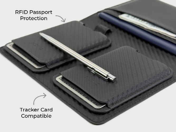 Black wallet with card slots and pen, labeled for RFID protection and tracker compatibility.